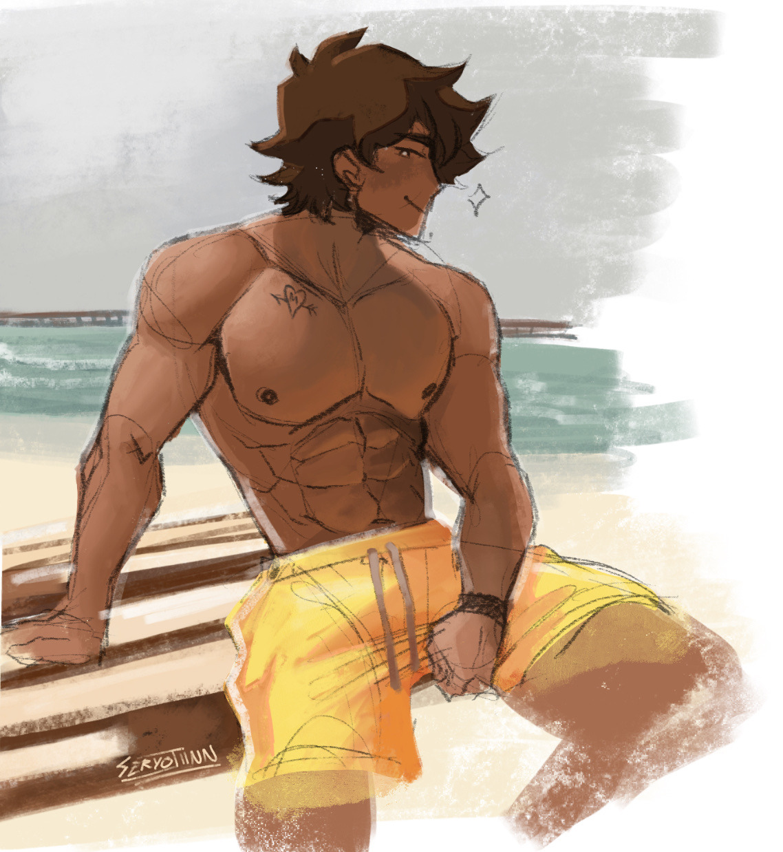 beach background, buff, clothing, hero (omori), looking away, male, male only, muscles, muscular, muscular male, omori, partially clothed, seryotonin, swimwear, tan-skinned male