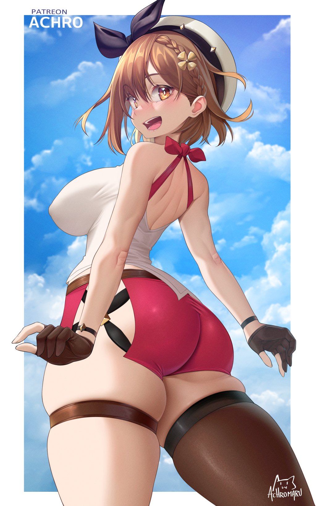 1girls, achromaru, ass, atelier (series), atelier ryza, booty shorts, breasts, brown eyes, brown hair, female, huge ass, huge breasts, light skin, light-skinned female, reisalin stout, short hair, short shorts, shorts, thick thighs