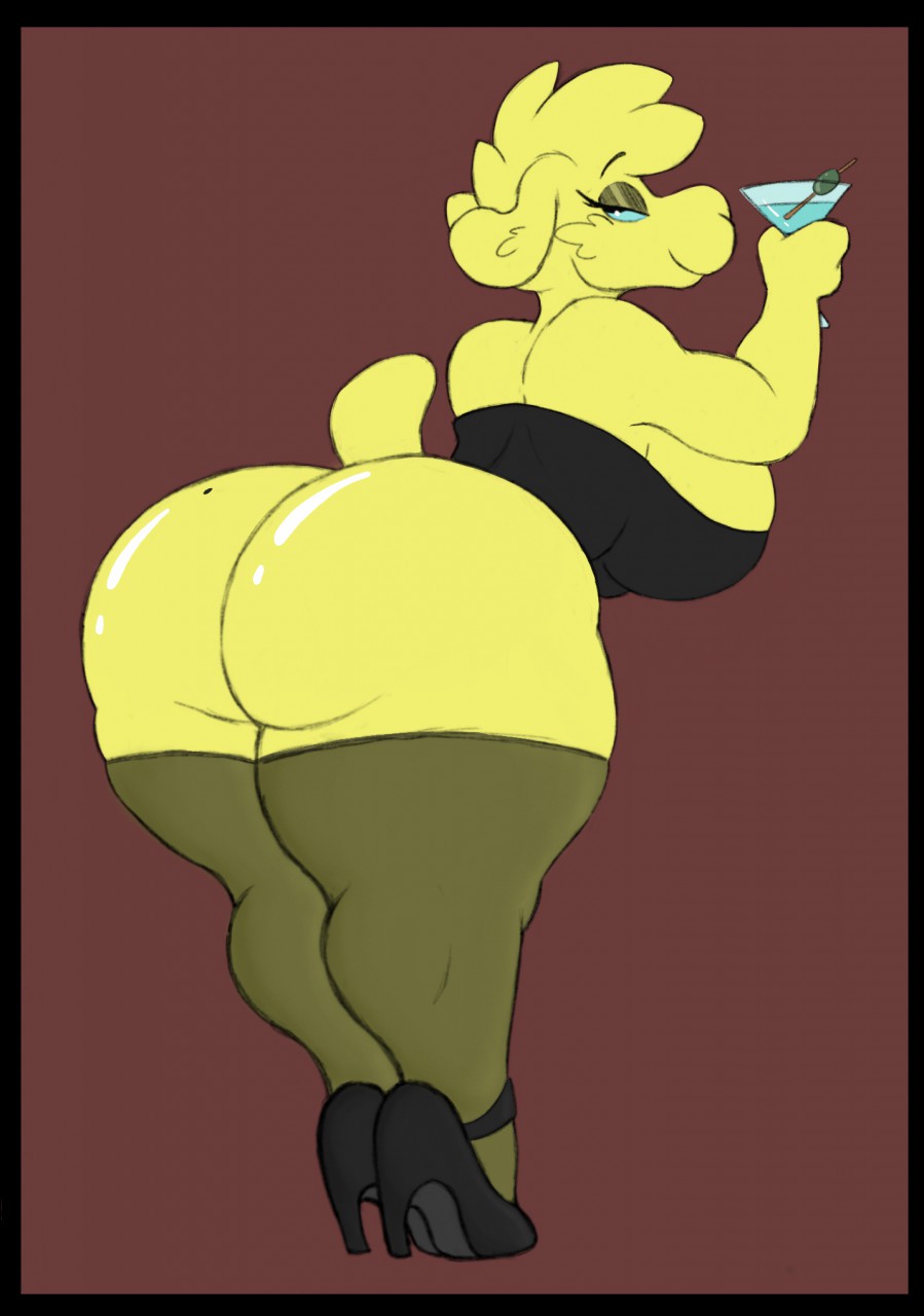 ass bent_over big_ass big_butt black_dress black_heels black_thighhighs fur goatonomous high_heels large_breasts looking_at_viewer martini martini_glass mole mole_on_ass skirt sticking_ass_out tail thick_thighs thighhighs yellow_body yellow_fur