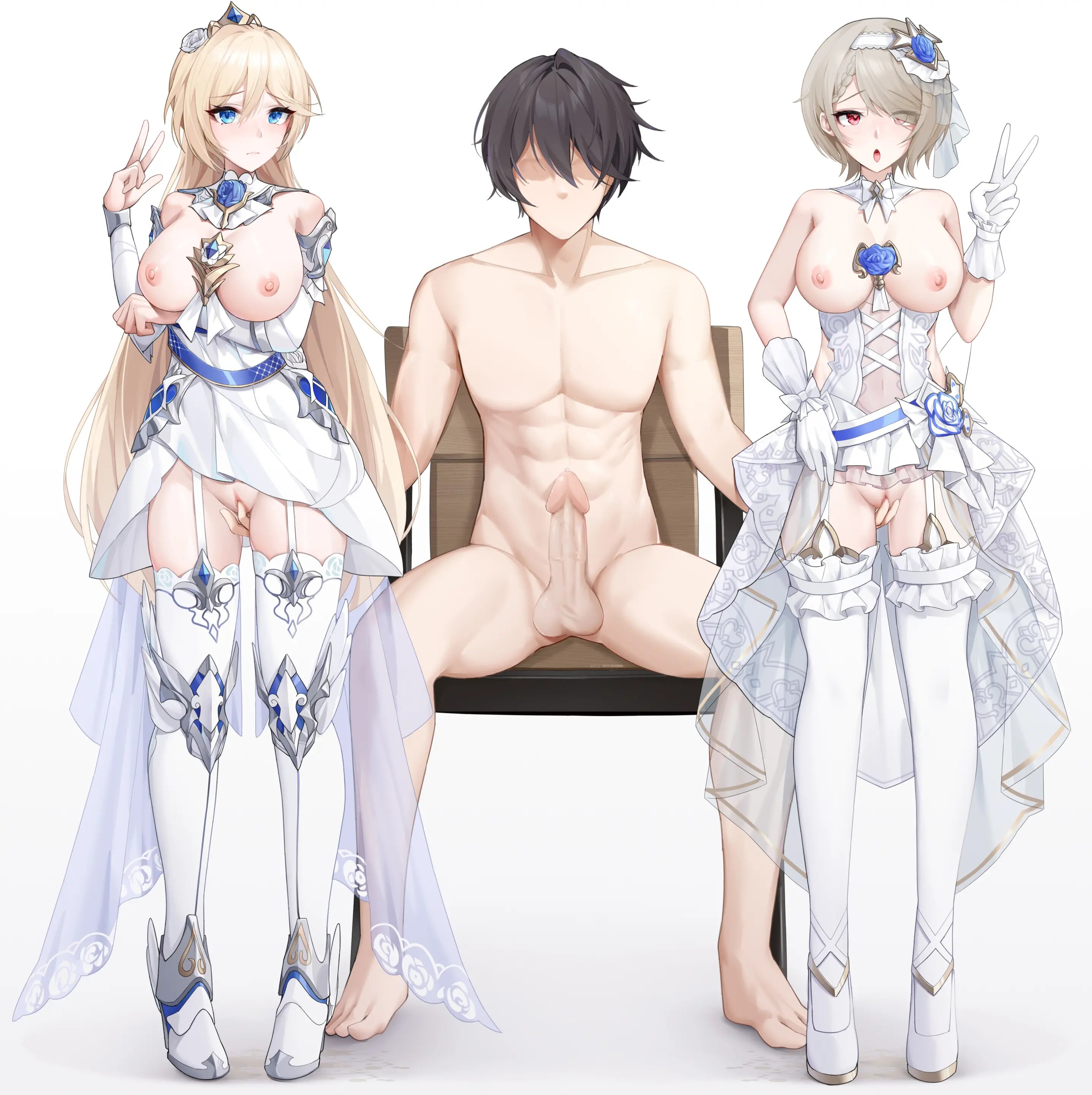 1boy, 2girls, abs, assertive male, athletic, athletic male, balls, bianka durandal ataegina, black hair, blonde hair, blue eyes, blush, bow, breasts, breasts out, breasts out of clothes, brooch, censored, chair, clavicle, clothed female nude male, dress, durandal (honkai impact), embarrassed, erection, faceless male, female, femsub, fingering, fit, fit male, frills, grey hair, hair ornament, high heels, honkai (series), honkai impact 3rd, legs, light skin, light-skinned female, light-skinned male, male, maledom, mosaic censoring, navel, no bra, no panties, nude, orientation play, penis, precum, pussy, rita rossweisse, short hair, simple background, sitting on chair, standing, testicles, thighs, tiara, toned, toned male, utter domination, v, white background, white elbow gloves, white gloves, white legwear, white thighhighs, wood cube