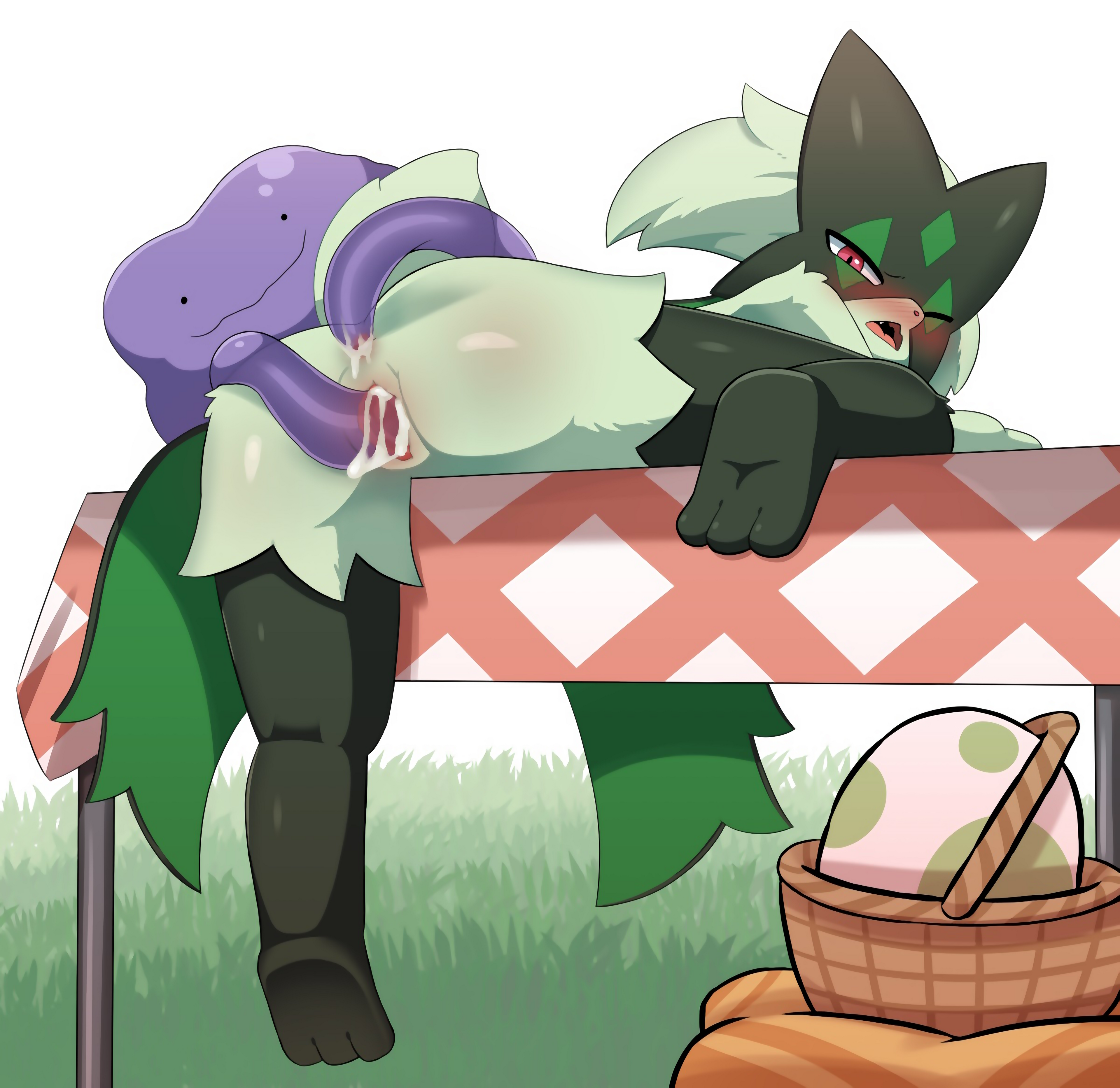 anal, anal sex, anthro, ass, blush, bodily fluids, cum, cum in ass, cum in pussy, cum inside, ditto, duo, female, genital fluids, green body, hi res, highres, male, male/female, meowscarada, nintendo, one eye closed, penetration, pokémon (species), pokemon, pokemon (species), pokemon sv, purple body, pussy, sum, uncensored, vaginal penetration