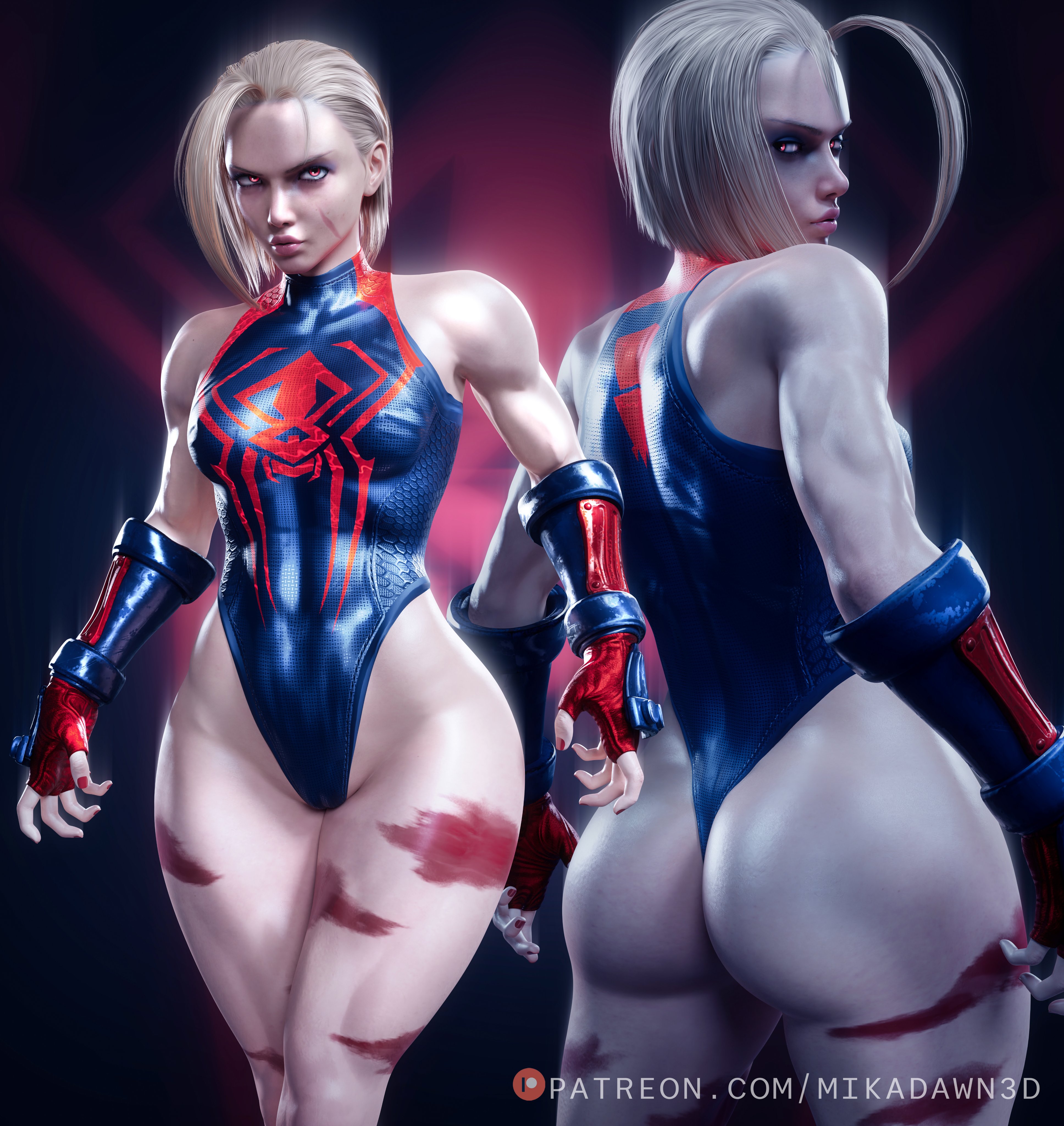 1girls, 3d, 3d (artwork), ass, big ass, big breasts, blonde hair, blue eyes, braid, breasts, cammy white, capcom, cleavage, cosplay, crossover, crossover cosplay, curvy, curvy female, curvy hips, female, female only, fit, fit female, gloves, human, human only, large breasts, leotard, light skin, light-skinned female, marvel, marvel comics, mikadawn, pale skin, pale-skinned female, pose, posing, scar, scar on face, short hair, solo, solo female, spider-man (series), spider-man 2099, spider-man 2099 (cosplay), spider-man: across the spider-verse, straight hair, street fighter, street fighter 6, thick hips, thick legs, thick lips, thick thighs, thighs, thong leotard, tight clothing, tight fit, voluptuous, wide hips