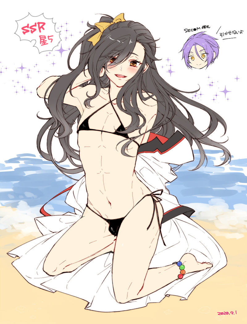 1boy beach black_bikini black_hair femboy hair_over_one_eye half_naked hips jacket_removed julius_juukulius long_hair natsuki_subaru natsumi_schwarz re:zero_kara_hajimeru_isekai_seikatsu smiling_at_viewer solo solo_focus solo_male thick_thighs undressing