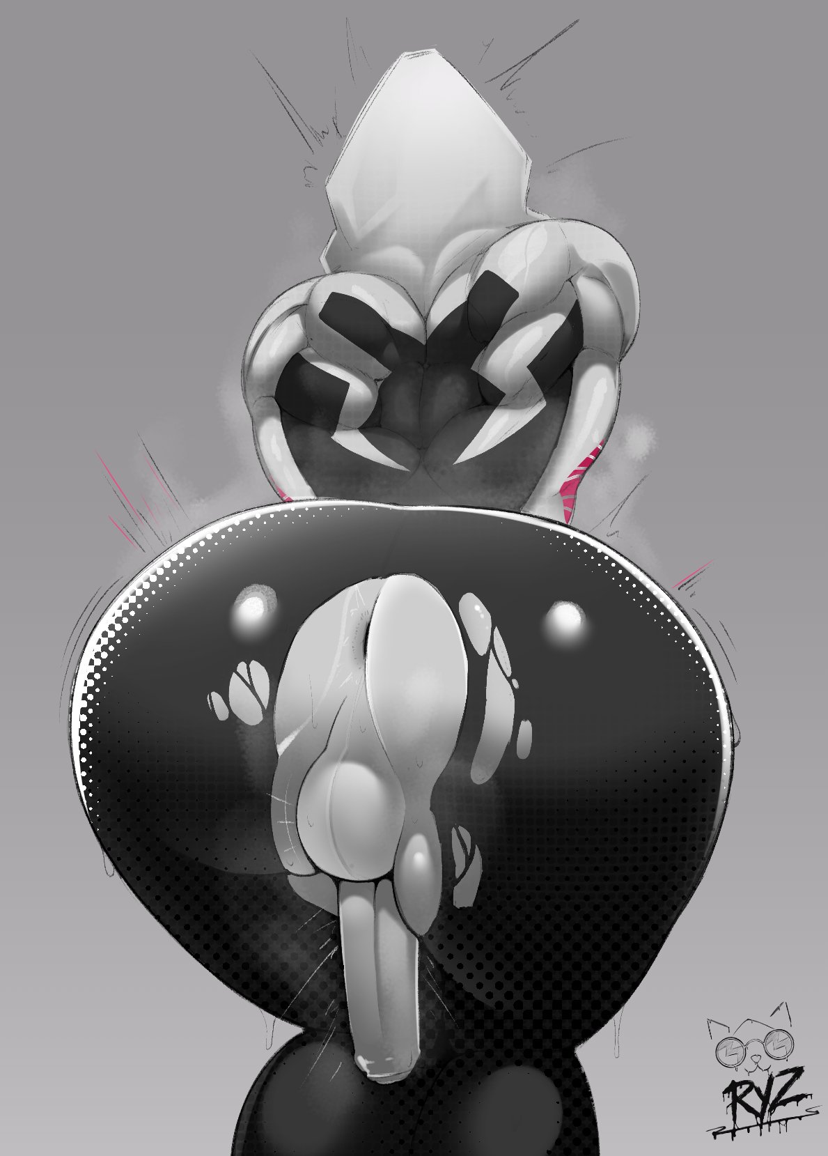 1futa, anus, anus peek, ass, ass focus, back, back view, balls, bent over, big ass, black and white, breasts, clothed, clothing, cock-tail, dickgirl, erection, futa only, futa sans pussy, futanari, greyscale, gwen stacy, human, intersex, marvel, marvel comics, mostly clothed, muscles, penis, presenting hindquarters, ripped bodysuit, ripped clothes, ripped clothing, ryz ryz, solo, spider-gwen, spider-man (series), spider-man: across the spider-verse, spider-man: into the spider-verse, standing
