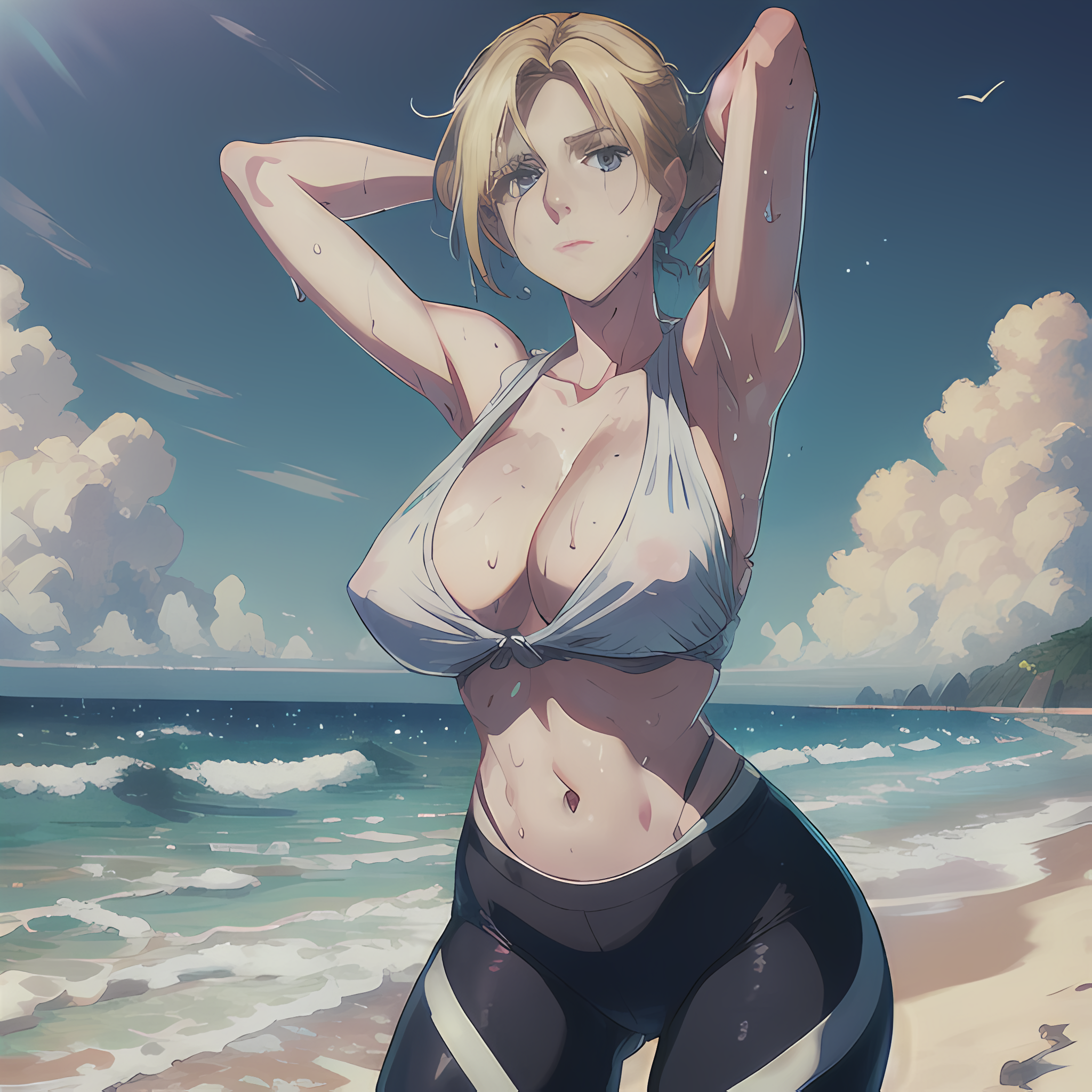 ai generated, annie leonhardt, attack on titan, beach, female, female only, hands behind head, katsuprime, solo, solo female, stable diffusion