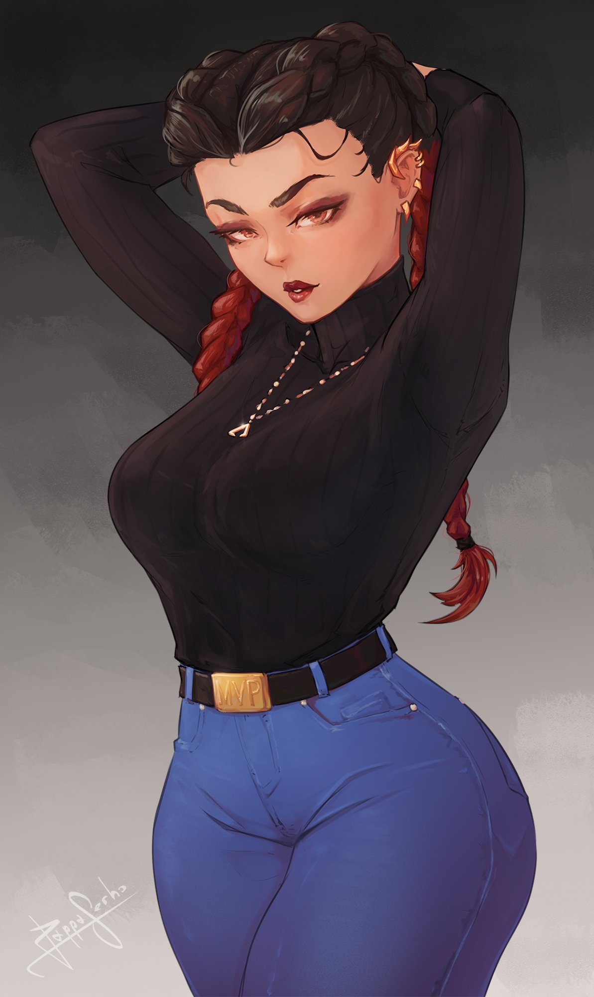 1girls apex_legends arms_up big_breasts dark-skinned_female female female_only helix_piercing jeans loba_(apex_legends) pappaserho thick_thighs tight_clothing