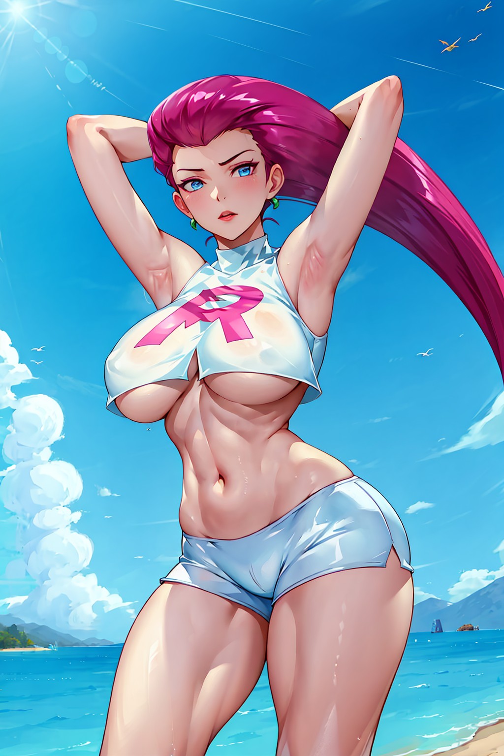 1girls, ai generated, armpits, arms behind head, beach, blue eyes, breasts, crop top, female, flyingpancake, huge breasts, jessie (pokemon), light skin, light-skinned female, long hair, nintendo, outdoors, pokemon, pokemon (anime), red hair, shorts, solo, stable diffusion, standing, team rocket, thighs, underboob