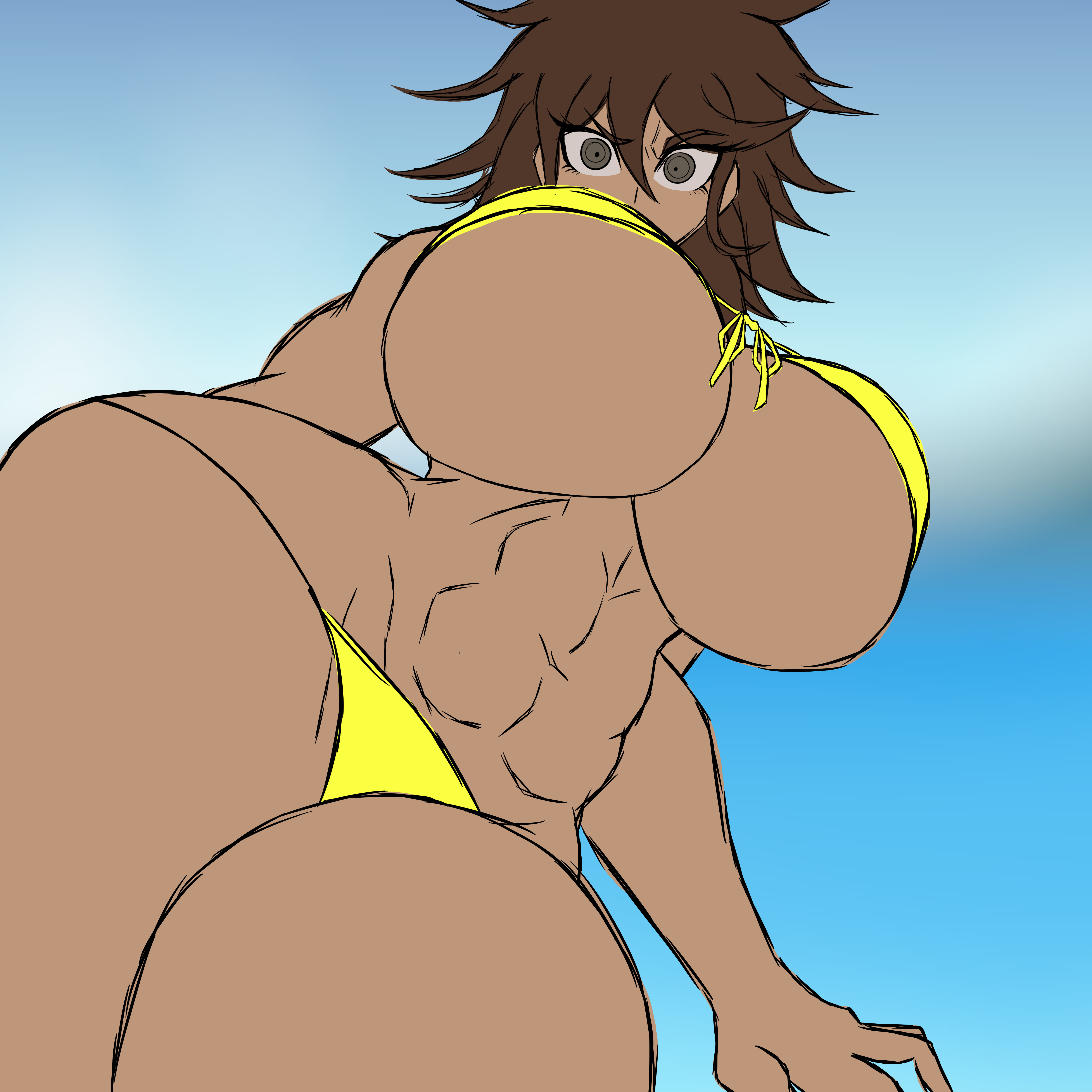 abs, ass, bare arms, bare legs, beach, big ass, big breasts, bikini, bottom view, breasts, breasts bigger than head, brown hair, cleavage, danganronpa, danganronpa 2: goodbye despair, female, grey eyes, huge breasts, legs, long hair, long legs, looking down, massive breasts, muscular, muscular female, owari akane, popstepx, showing ass, showing breasts, standing, straight hair, thick, thick hips, thick legs, thick thighs, tight clothing, voluptuous, voluptuous female, wide hips, wide thighs