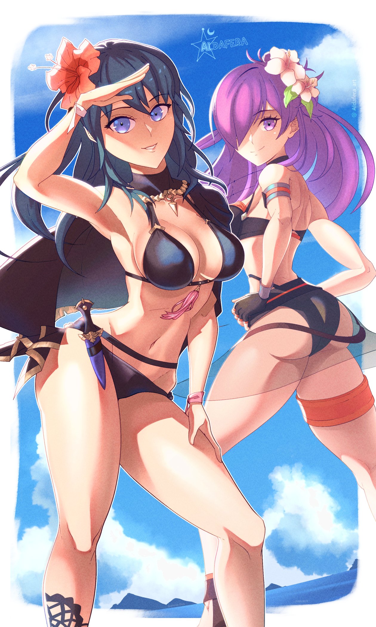 2girls aldafera alternate_costume ass bikini black_bikini black_swimsuit breasts byleth_(fire_emblem) byleth_(fire_emblem)_(female) byleth_(summer)_(fire_emblem)_(female) female female_only fire_emblem fire_emblem:_three_houses fire_emblem_heroes fire_emblem_warriors:_three_hopes nintendo official_alternate_costume shez_(female)_(fire_emblem) shez_(female)_(summer)_(fire_emblem) shez_(fire_emblem) swimsuit