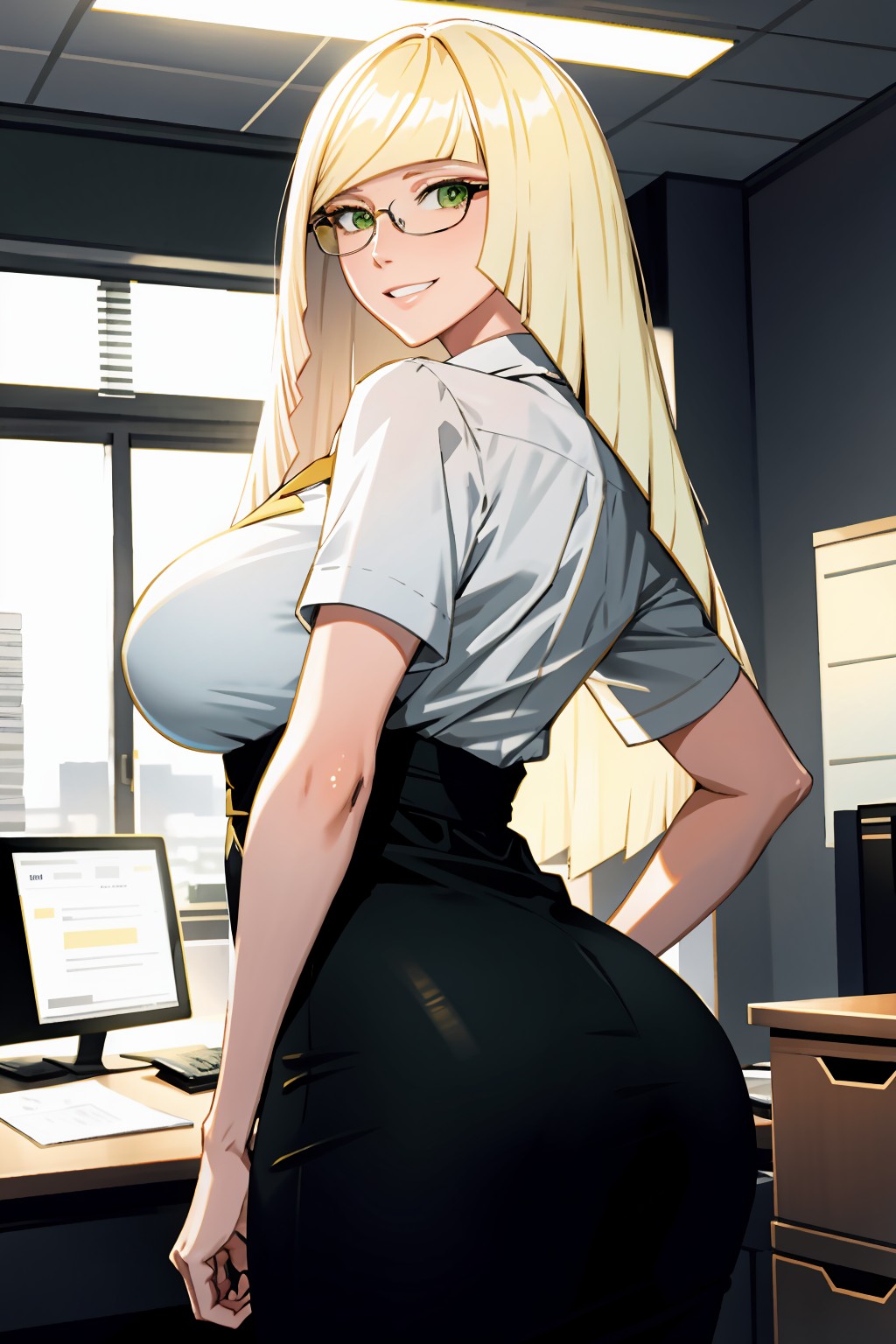 1girls, ai generated, alternate breast size, ass, blonde hair, bra, breasts, bubble ass, bubble butt, cleavage, female, game freak, glasses, green eyes, huge breasts, large ass, large breasts, light skin, light-skinned female, long hair, lusamine (pokemon), mature female, milf, nintendo, office lady, pokemon, pokemon sm, smile, stable diffusion, thick thighs