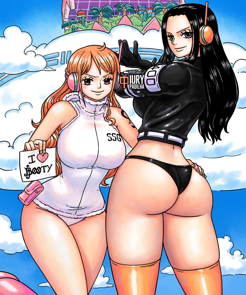 2girls ass ass_focus big_breasts bikini_bottom bikini_uniform boots breasts busty cleavage curvy dat_ass egghead female female_human female_only hourglass_figure human iury_padilha jacket large_breasts light-skinned_female log_pose looking_at_viewer looking_back mature_female nami nico_robin nico_robin_(egghead) no_pants one_piece one_piece:_egghead_arc orange_hair panties post-timeskip skimpy skimpy_clothes slim_waist tattoo thick_thighs wide_hips