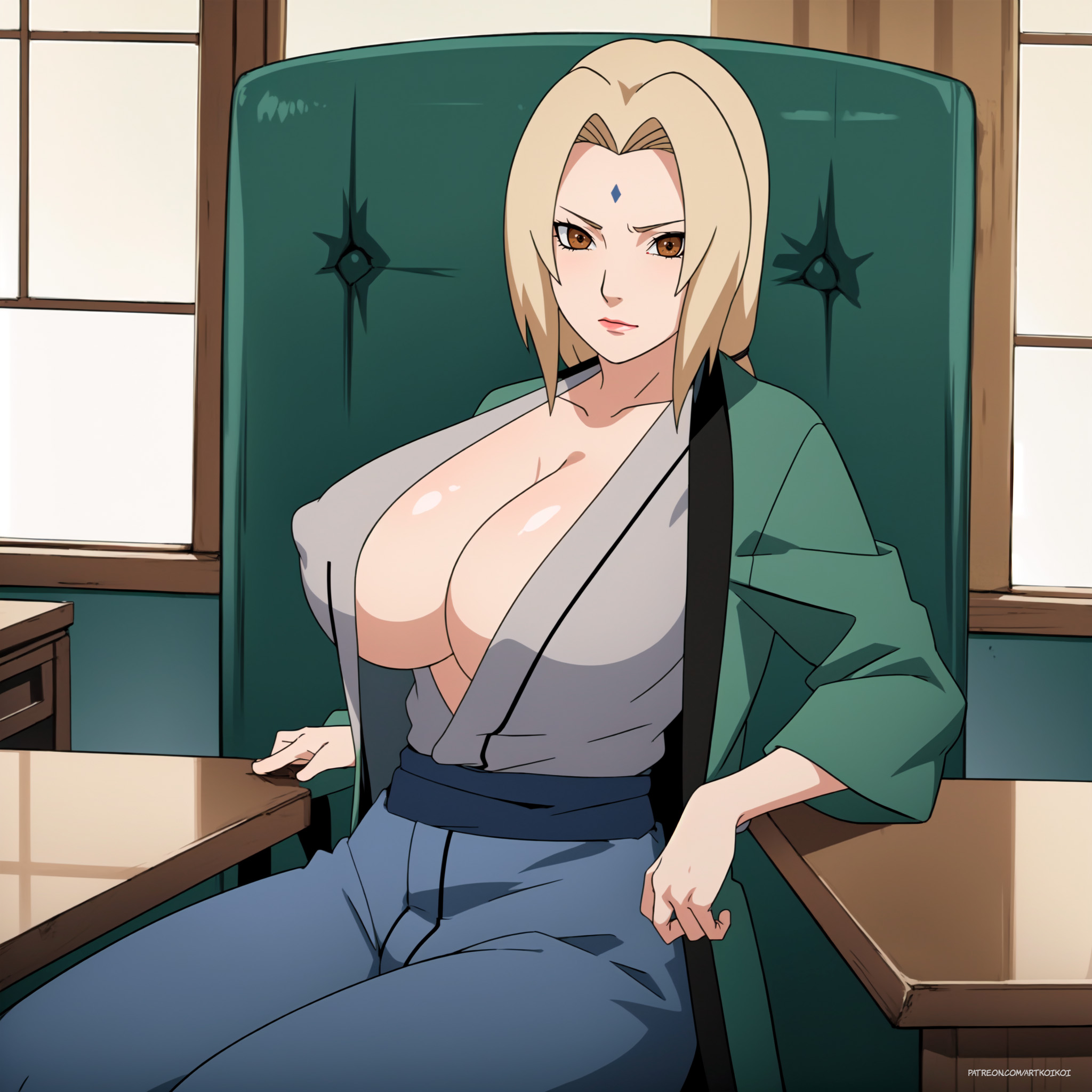 1girls, ai generated, big breasts, blonde female, blonde hair, breasts, busty, chair, cleavage, facial mark, female, female focus, forehead jewel, forehead mark, haori, huge breasts, japanese clothes, kimono, large breasts, lipstick, makeup, mature, mature female, mommy, nai diffusion, naruto, naruto (series), naruto shippuden, nipples, oppai, puffy nipples, sitting, solo, solo focus, stable diffusion, tsunade, voluptuous, voluptuous female