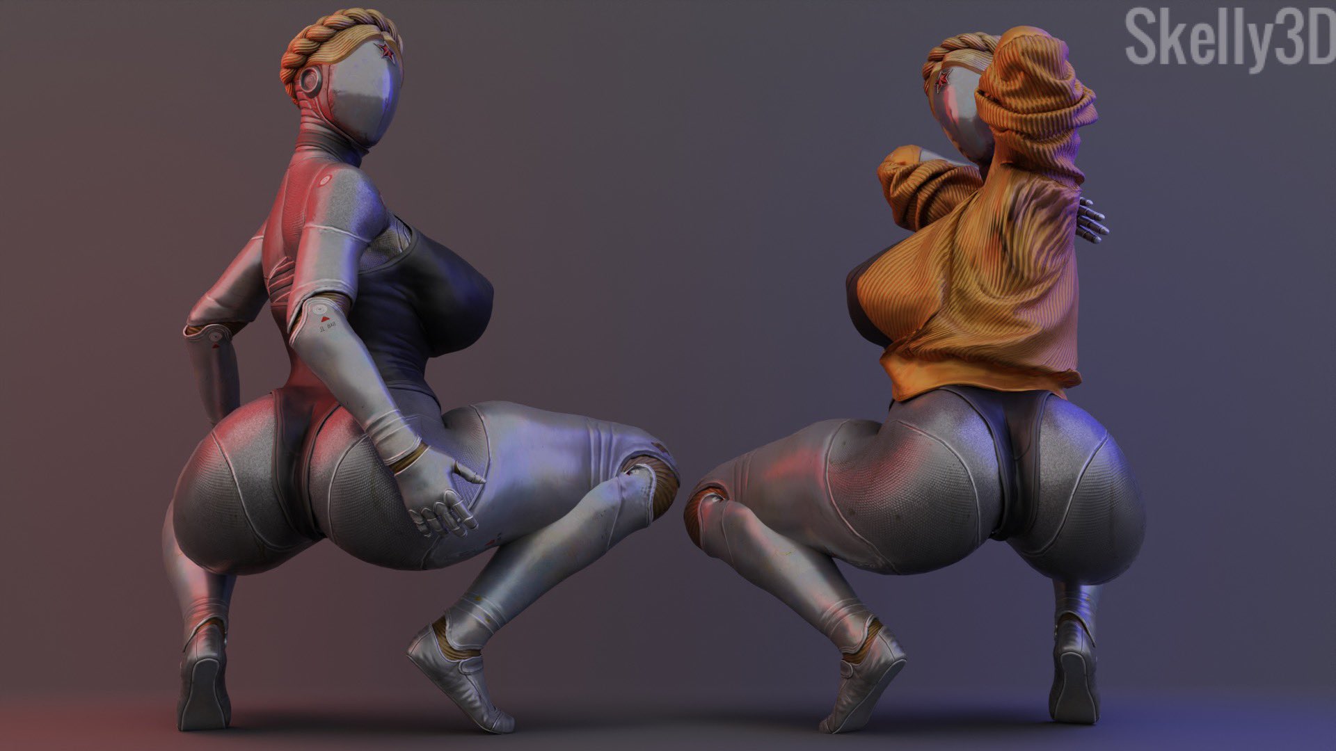 2girls, 3d, ass, atomic heart, female, female only, left (atomic heart), looking at viewer, looking back, right (atomic heart), robot, robot girl, robot humanoid, skelly3d, squatting, the twins (atomic heart)