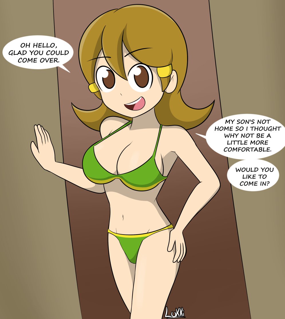 1milf 5-volt bikini breasts brown_eyes brown_hair dialogue female female_only green_bikini luckster1234 luxxxi mario_(series) milf nintendo open_mouth signature single_mom solo speech_bubble tagme warioware