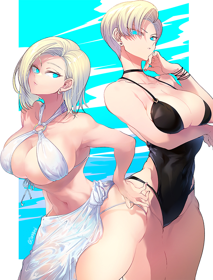 android_18 beach bikini black_dress black_swimsuit blonde_hair blue_eyes child_bearing_hips curvaceous curvy curvy_female curvy_figure different_hair_style different_poses dragon_ball ommmyoh short_hair summer swimsuit tagme thick_thighs thin_waist white_bikini wide_hips