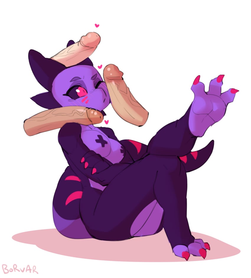 2d, 2d (artwork), borvar, character request, feet up, kobold, male, multiple penises, nipple covers, original, original character, penis, purple skin, tagme