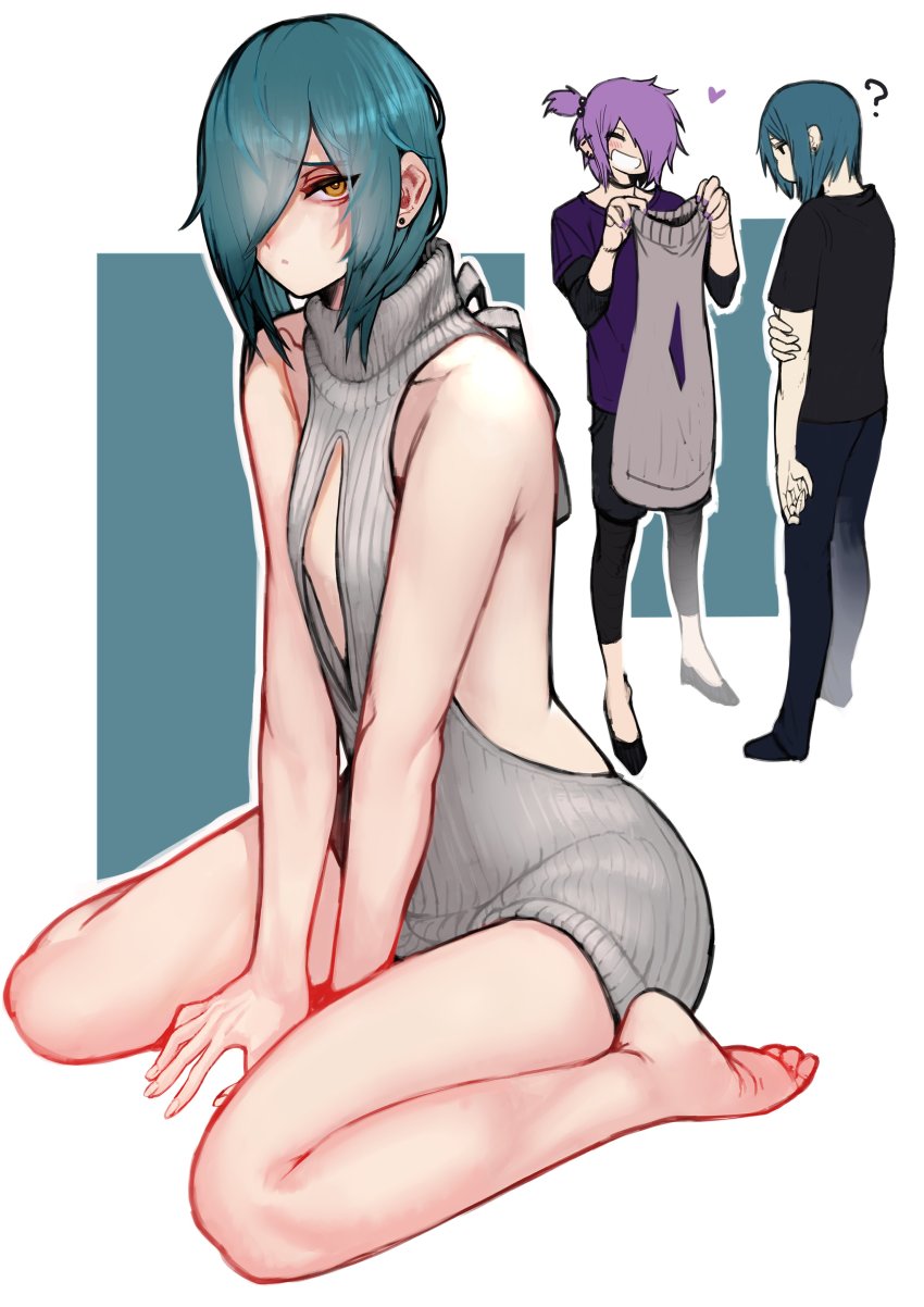 2boys 2femboys 2n5 ? absurdres emo emo_boy femboy goth goth_boy green_hair grin hair_over_one_eye heart highres iriya-kun looking_at_viewer male male_focus male_only male_with_painted_nails meme_attire mikel-kun multiple_boys naked_sweater orange_eyes original otoko_no_ko pants purple_hair shirt short_hair side_ponytail sitting smile sweater trap twink virgin_killer_sweater wariza