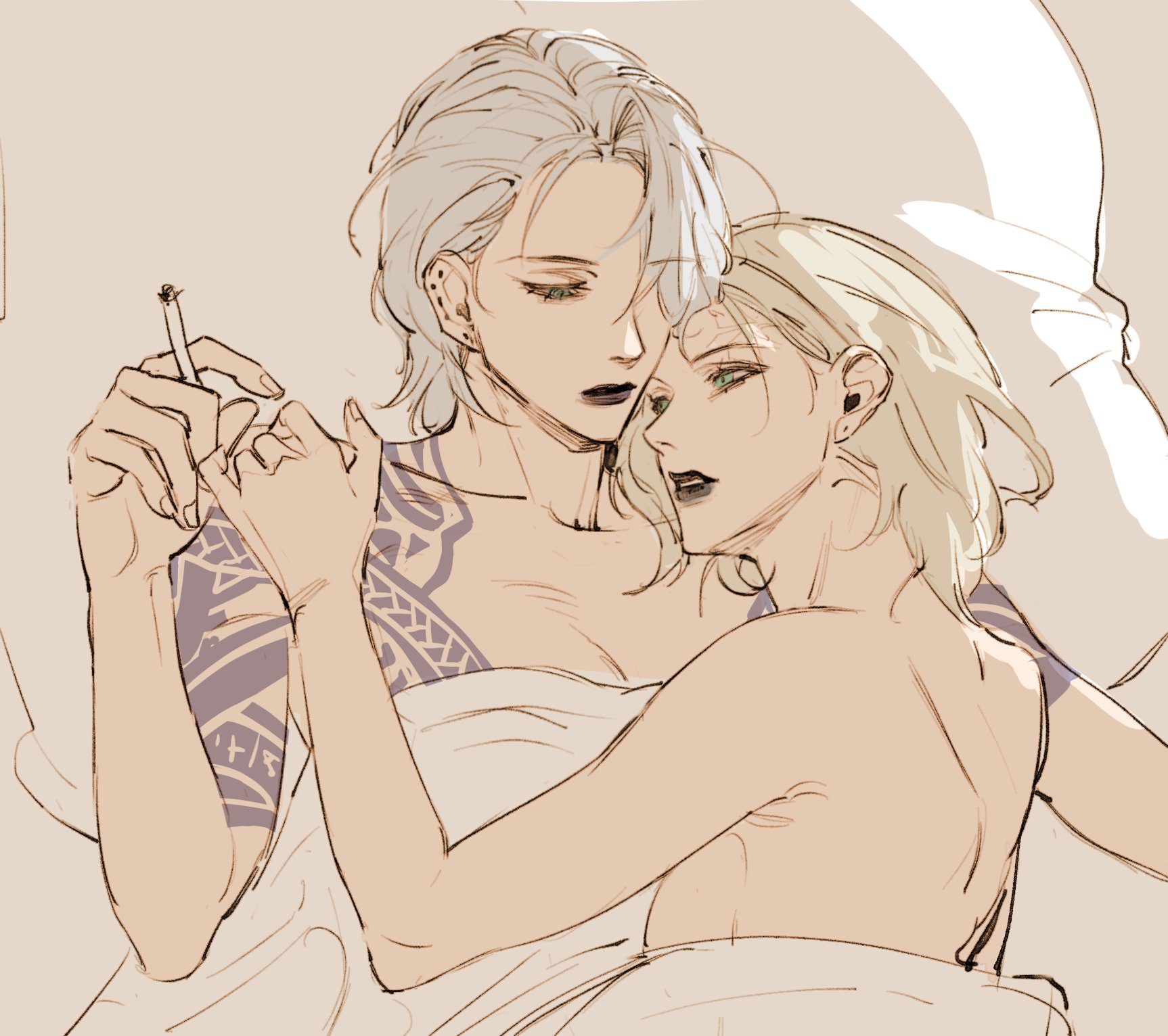 2girls, after sex, aftercare, black lipstick, blonde hair, cigarette, cuddling, female, in bed, langley (path to nowhere), multiple females, multiple girls, path to nowhere, silver hair, size difference, tattooed arm, tattoos, tomboy, yuri, zoya (path to nowhere)