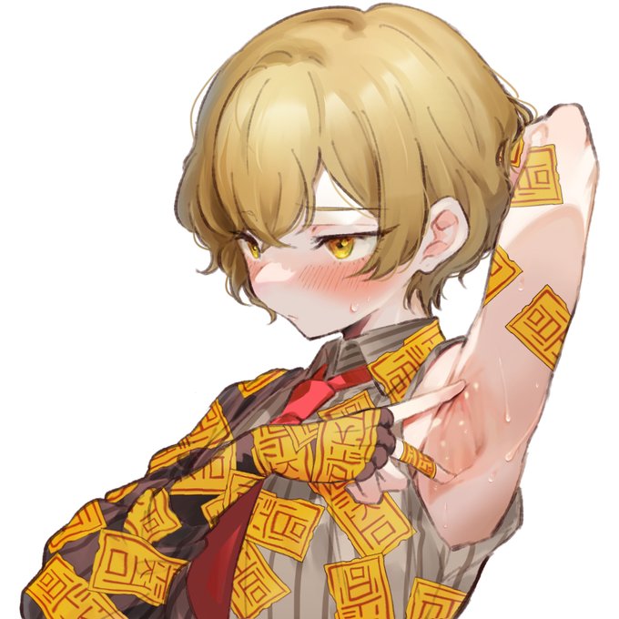 armpits, blonde hair, bob cut, embarrassed, femboy, limbus company, male, project moon, red sheet sinclair (limbus company), seal, short hair, sinclair (limbus company), sweat, sweatdrop, tie, trap, yellow eyes, yoru74