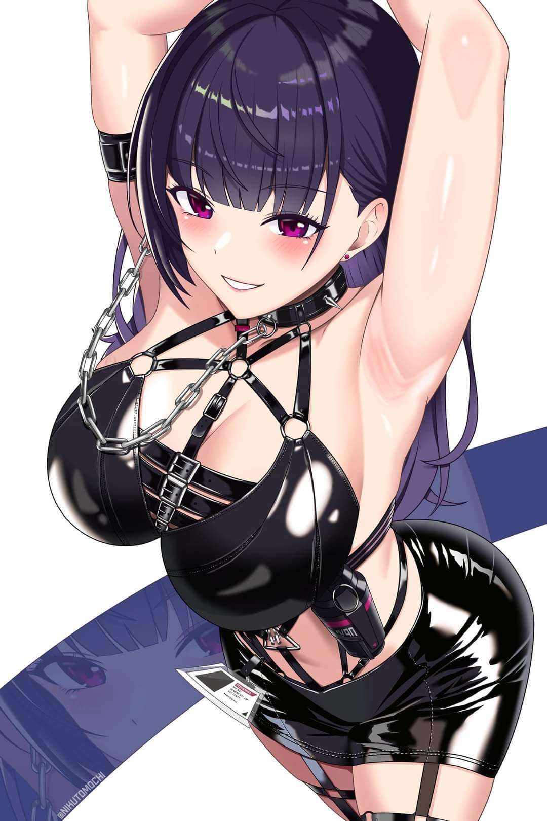 1girls arm_strap armpits bare_shoulders bikini bikini_top_only black_bikini black_skirt blunt_bangs blush breasts chain chain_leash chest_harness cleavage collar collarbone cowboy_shot earrings garter_straps goddess_of_victory:_nikke harness highres jewelry large_breasts leash leather_bikini leather_skirt long_hair looking_at_viewer midriff mihara_(nikke) miniskirt navel nikutomochi o-ring o-ring_top parted_lips pencil_skirt purple_eyes purple_hair sidelocks skindentation skirt smile spiked_collar spikes standing stud_earrings swimsuit twitter_username white_background zoom_layer