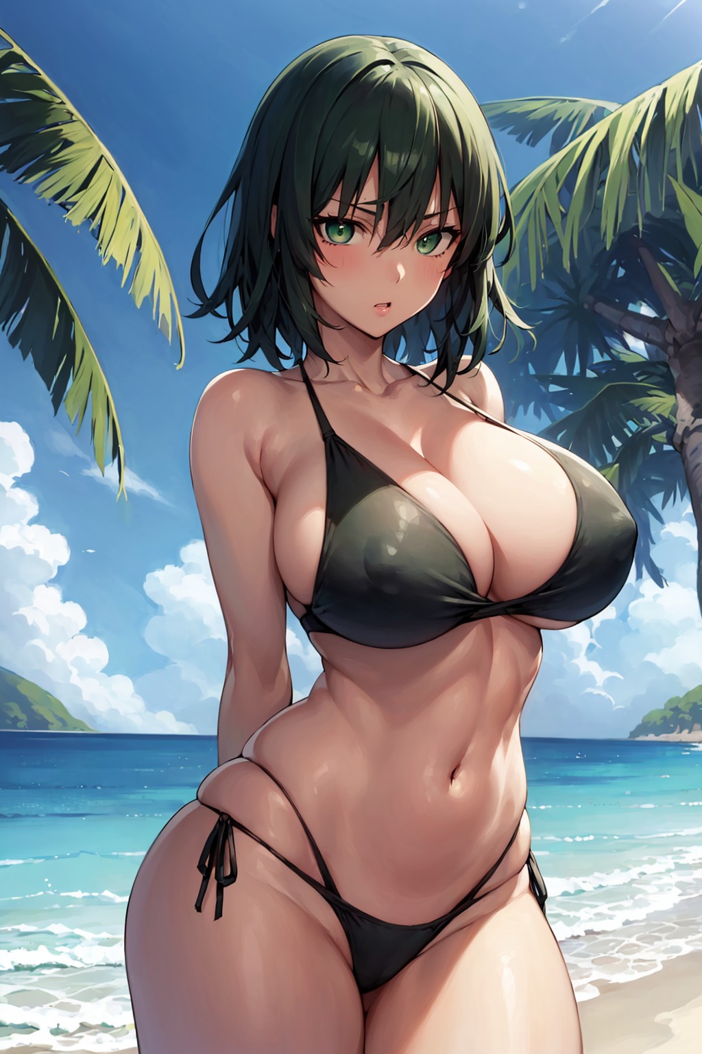 1girls, ai generated, bikini, breasts, curvy, curvy female, curvy figure, erect nipples, female, fubuki (one-punch man), green hair, hi res, huge breasts, nipple bulge, nipples, one-punch man, short hair, stable diffusion, voluptuous, voluptuous female