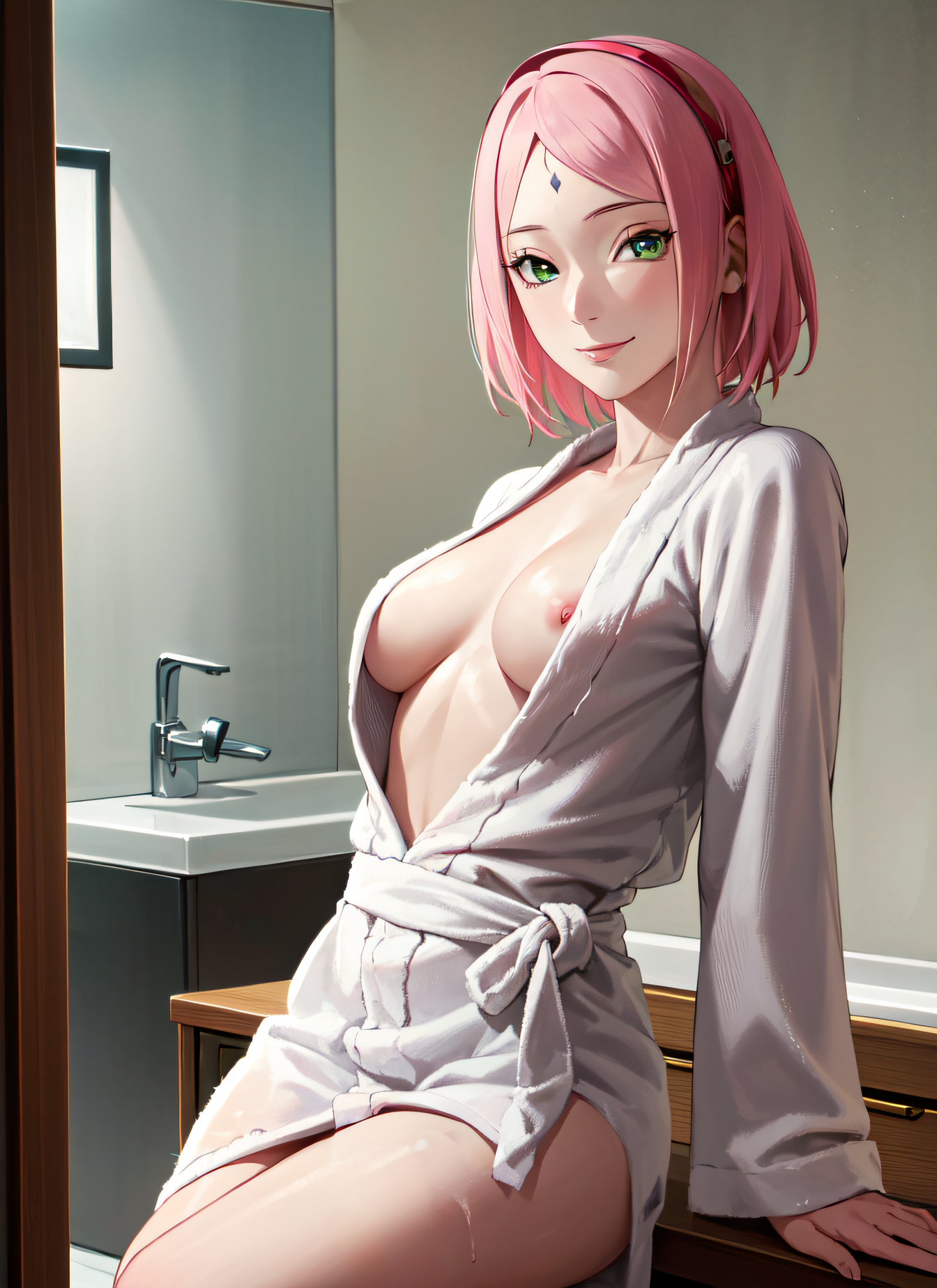 1girls, ai generated, almost naked, barely clothed, bathrobe, blush, boruto: naruto next generations, dante a.i., female, female only, green eyes, long hair, mature, mature female, milf, mostly nude, nai diffusion, naruto, naruto (series), pink hair, pinup, robe, sakura haruno, smile, solo, stable diffusion