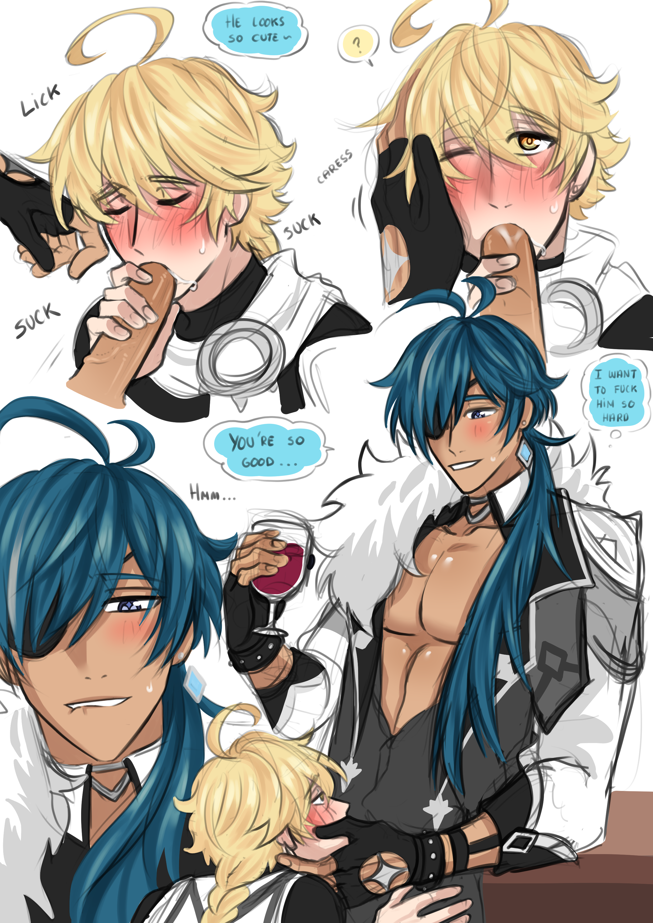 2boys, aether (genshin impact), blowjob, gay, genshin impact, hand on cheek, kaeya (genshin impact), lip bite, looking at another, looking at partner, looking up, male, starmiu, tagme, wine, yaoi