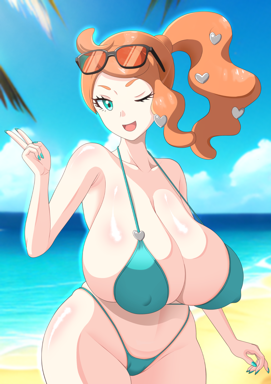 1girls beach bikini breasts cleavage female glasses glasses_on_head hips huge_breasts light-skinned_female light_skin long_hair nintendo orange_hair outdoors pokemon pokemon_ss s.forest side_ponytail solo sonia_(pokemon) thick_thighs thighs wide_hips