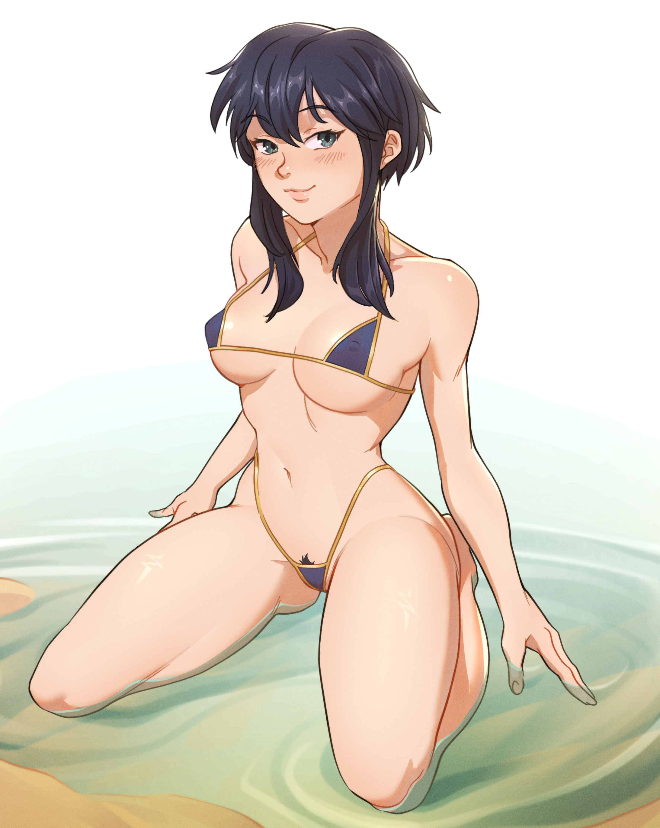 1girls, absurdres, bad source, beach, bikini, black hair, black pubic hair, blush, breasts, commission, commissioner upload, covered nipples, female, female only, female pubic hair, fire emblem, fire emblem: genealogy of the holy war, gintsu, highleg, highleg bikini, highres, larcei (fire emblem), looking at viewer, micro bikini, navel, nintendo, partially submerged, pubic hair, pubic hair peek, seiza, short hair, sitting, smile, solo, swimsuit, tomboy, water