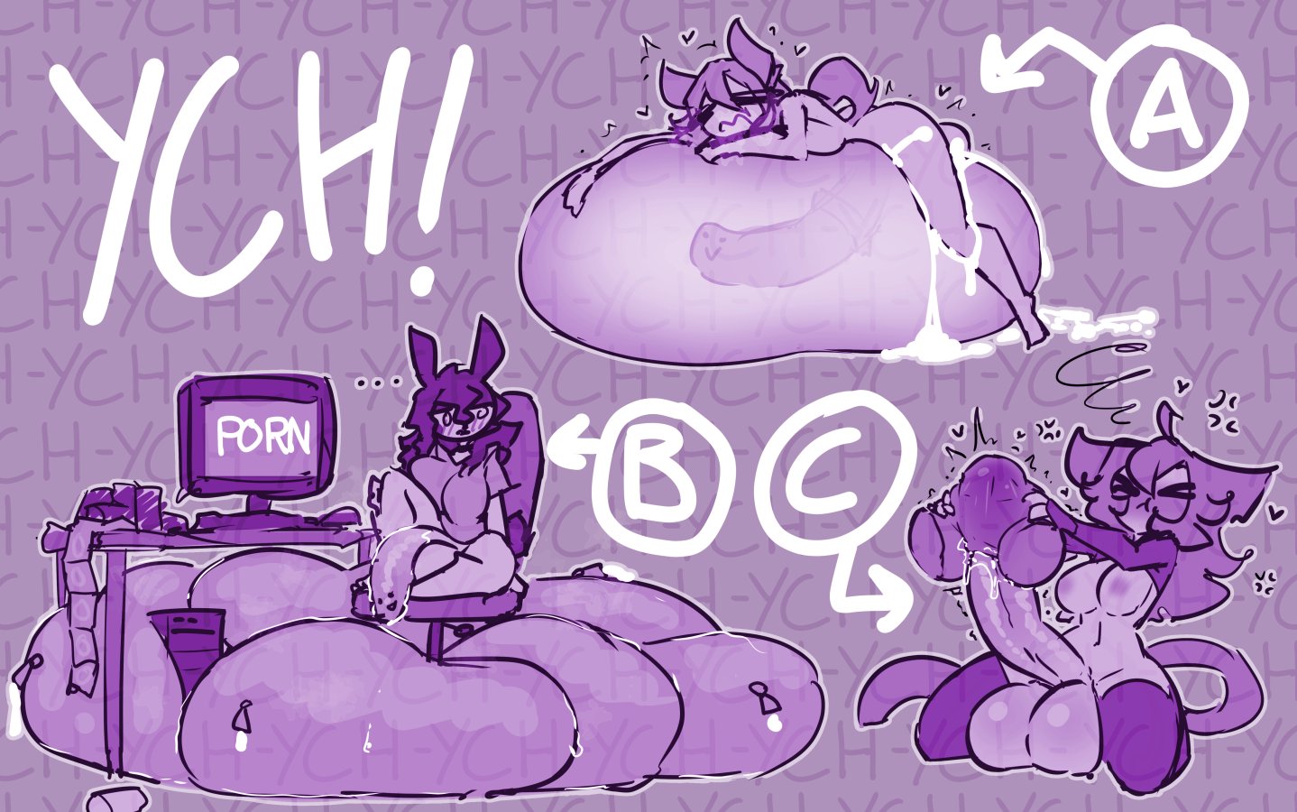 3futas, after orgasm, animal ears, areolae, artificial vagina, balls, bent over, big breasts, bottomless, breasts, clothed, clothing, condom, condom balloon, condom filling, cum, ejaculation, erection, excessive cum, futa only, futanari, gigantic penis, hip onahole, huge balls, huge cock, humanoid, intersex, kemonomimi, limebreaker, long hair, masturbation, monochrome, mostly nude, multiple condoms, nipples, orgasm, partially clothed, penis, purple theme, sitting, skindentation, x-ray, ych