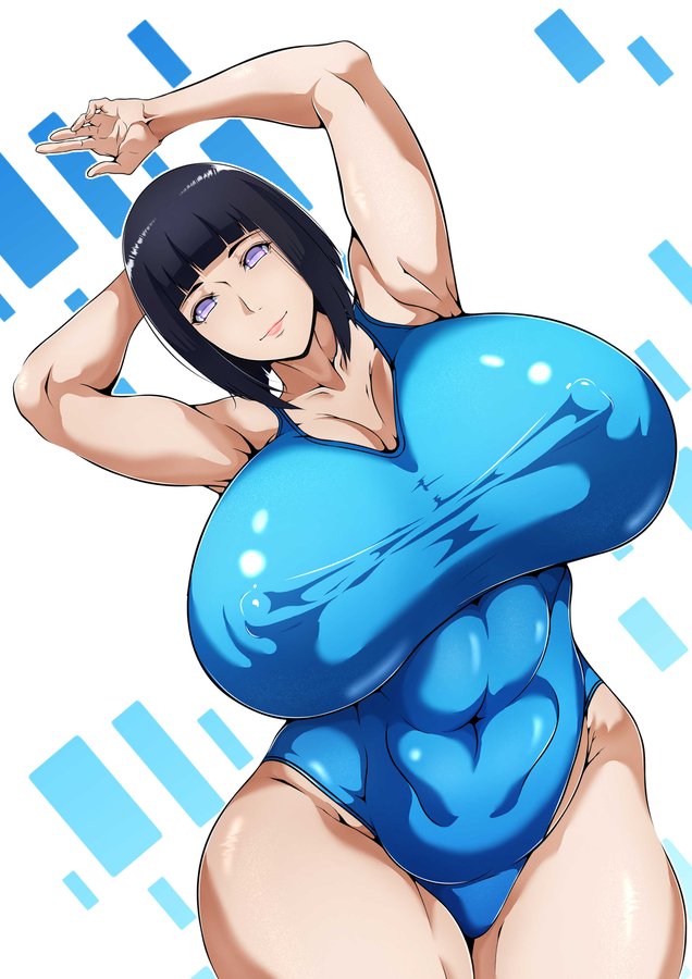 big breasts, bigger version available, blue bikini, boruto: naruto next generations, breasts, busty, enormous breasts, female, hips, huge breasts, hyuuga hinata, large breasts, massive breasts, mojihe, naruto, naruto (series), nipple bulge, oppai, smile, thighs, thighs together, uzumaki hinata
