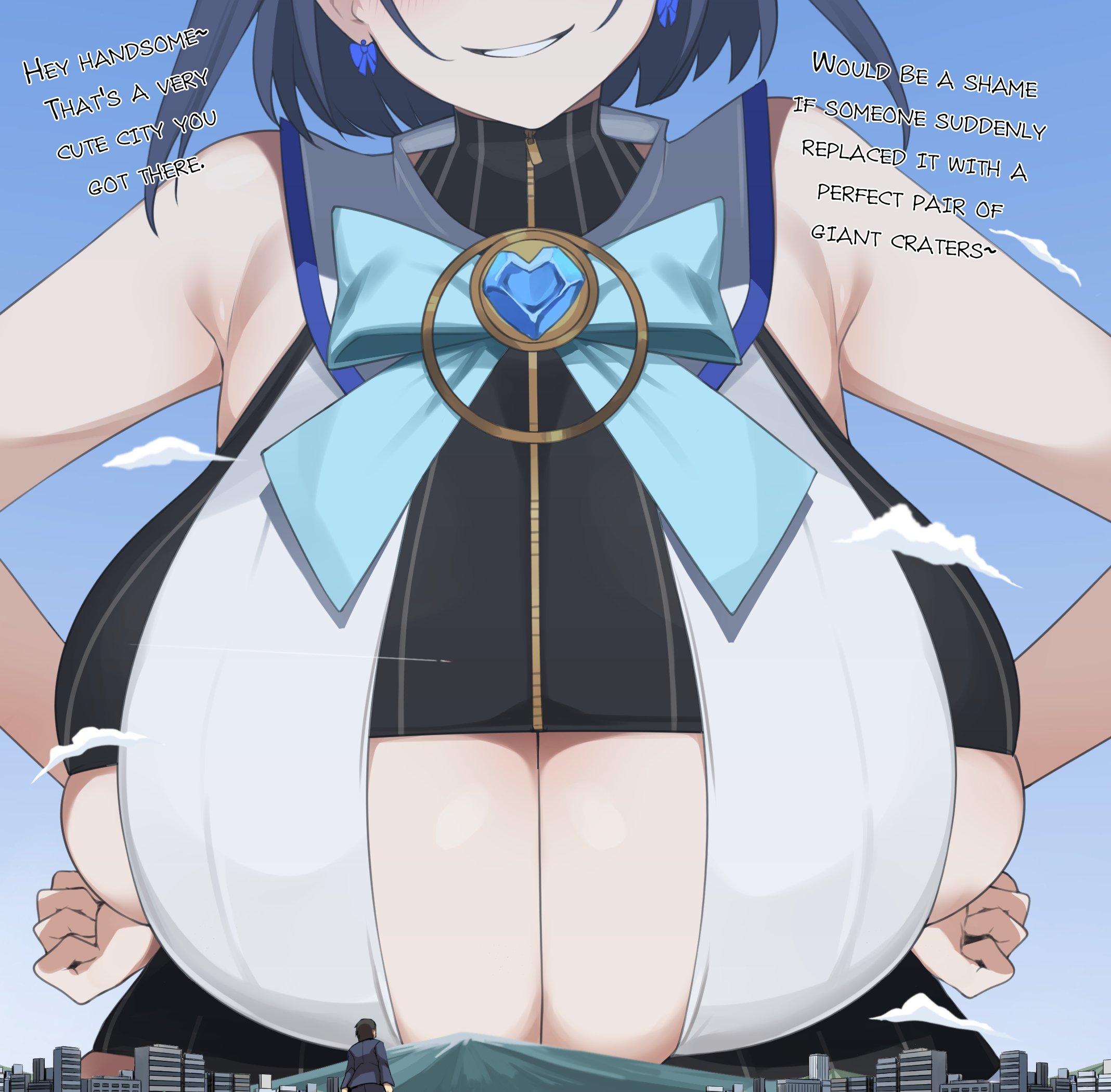 1girls, anybrody, breast squish, breasts, cleavage, earrings, eyes out of frame, female, female only, giantess, gigantic breasts, hololive, hololive english, hololive english -council-, macro, ouro kronii, sideboob, size difference, smug, teasing, text, third-party edit, virtual youtuber