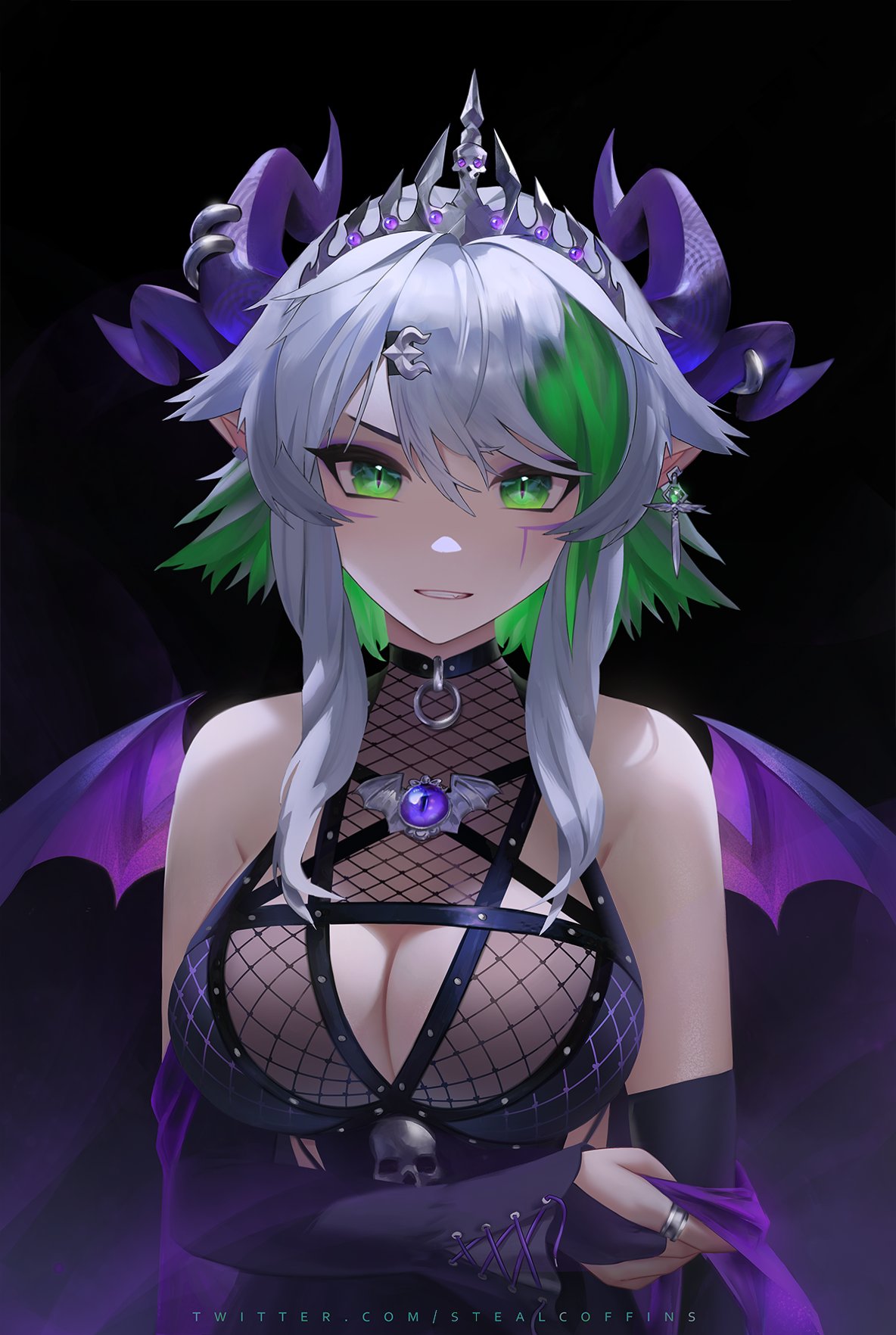 1girls breasts bridal_gauntlets british british_female cleavage cross cross_earrings demon_girl demon_horns demon_wings earrings female female_only froot green_eyes green_hair horn jewelry large_breasts light-blue_hair light-skinned_female light_skin looking_at_viewer multi_horn multicolored_hair pointy_ears ring slit_pupils stealcoffins twitter_username upper_body virtual_youtuber vshojo wings