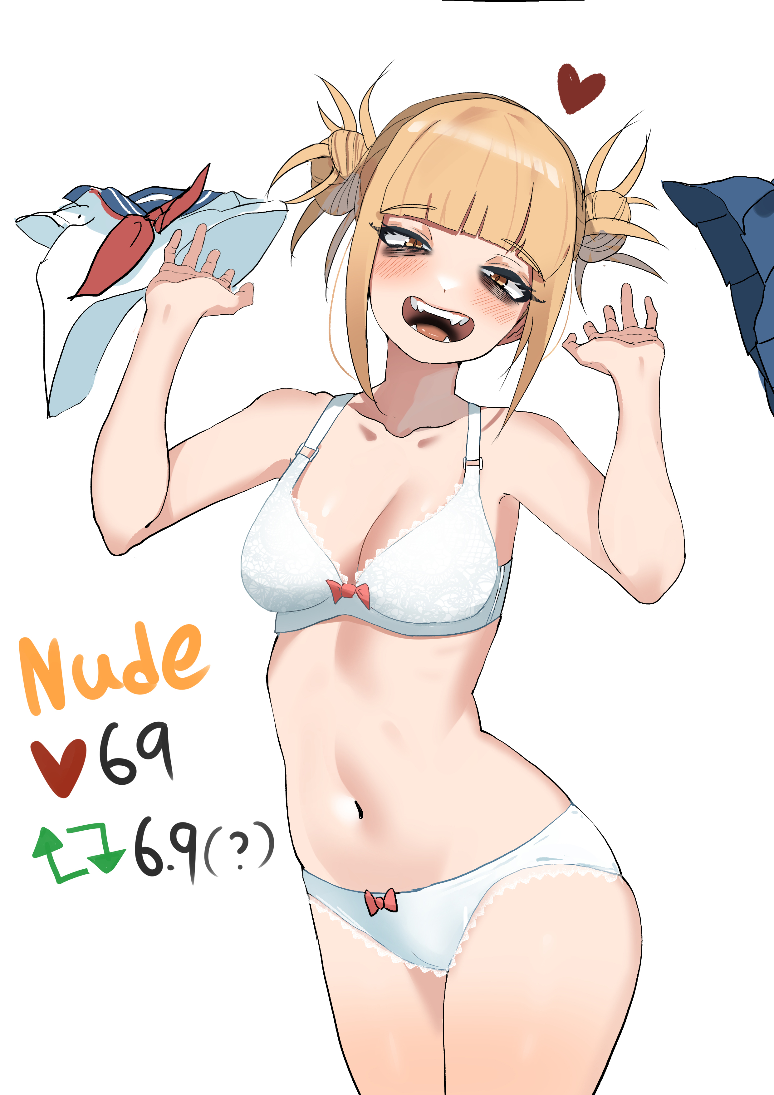 1girls, blonde hair, blonde-haired female, bra, female, heart, himiko toga, my hero academia, open smile, panties, school uniform, strip game, toga himiko, undressing, zd (pixiv6210083)