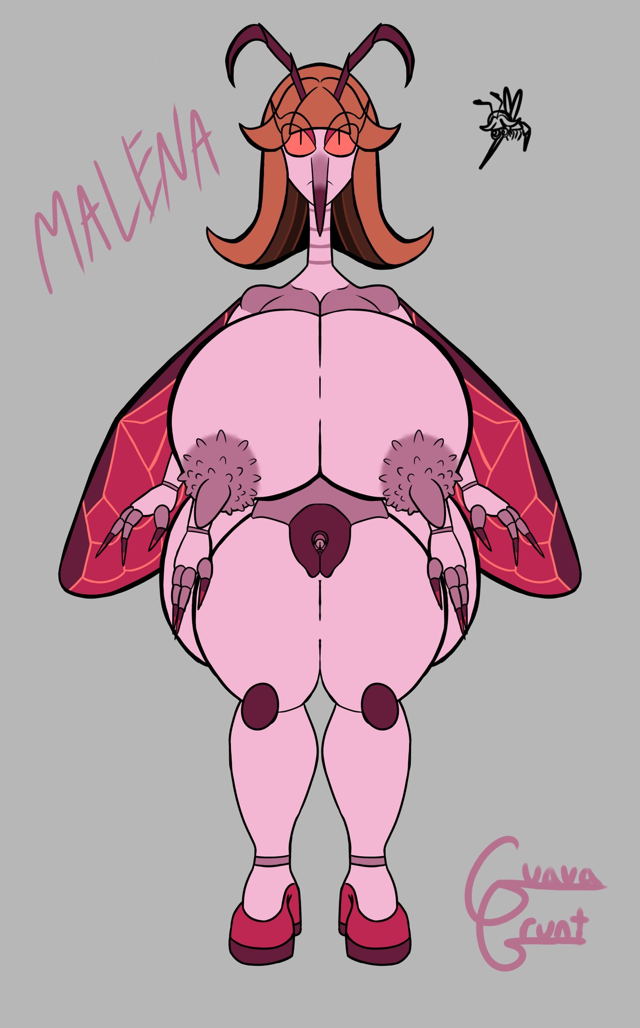 1girls 2d 4_arms antennae anthro brown_hair fat_pussy guavagrunt heels huge_ass huge_breasts insect_girl insect_humanoid insects joints long_nose malena_(guavagrunt) mosquito multi_arm multi_limb oc original original_character pink_body proboscis_(anatomy) red_eyes simple_background wings