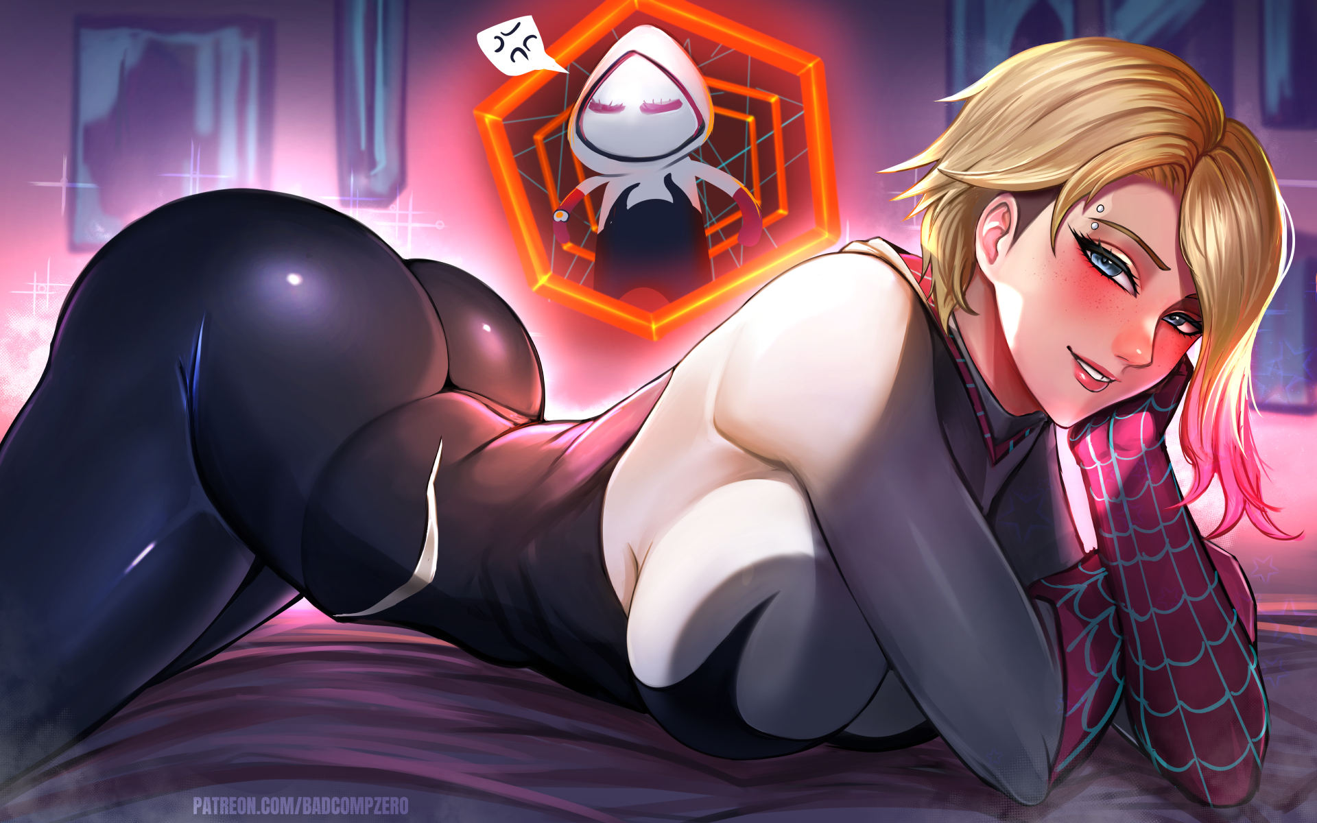 1girls, alternate breast size, ass, badcompzero, big ass, big butt, blonde female, blonde hair, blush, breasts, busty, eyebrow piercing, female, female focus, female only, fully clothed, gwen stacy, gwen stacy (spider-verse), human, human only, large ass, large butt, light skin, light-skinned female, marvel, marvel comics, multicolored hair, short hair, solo, solo female, solo focus, spider-gwen, spider-man (series), spider-man: across the spider-verse, superhero costume, superheroine