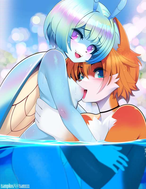 1boy 1boy1girl 2023 anthro anthro_female anthro_male anthro_on_anthro anthro_only blue_eyes blue_hair blush breast breasts bug fox furry furry_female furry_male furry_with_furry in_water insects interspecies jewel_the_beetle lowres miles_prower nipple nipple_licking nude open_mouth open_smile pink_eyes smile sonic_(series) swimsuit tails tsampikos water wings