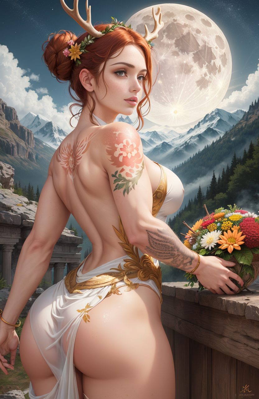 ai_generated antlers artemis artemis_(greek_mythology) ass athletic_female auburn_hair big_ass braided_hair female female_only flower full_moon goddess greek_mythology laurel_crown medium_breasts mountain mythology nature outdoors short_hair stable_diffusion tattoo virgin