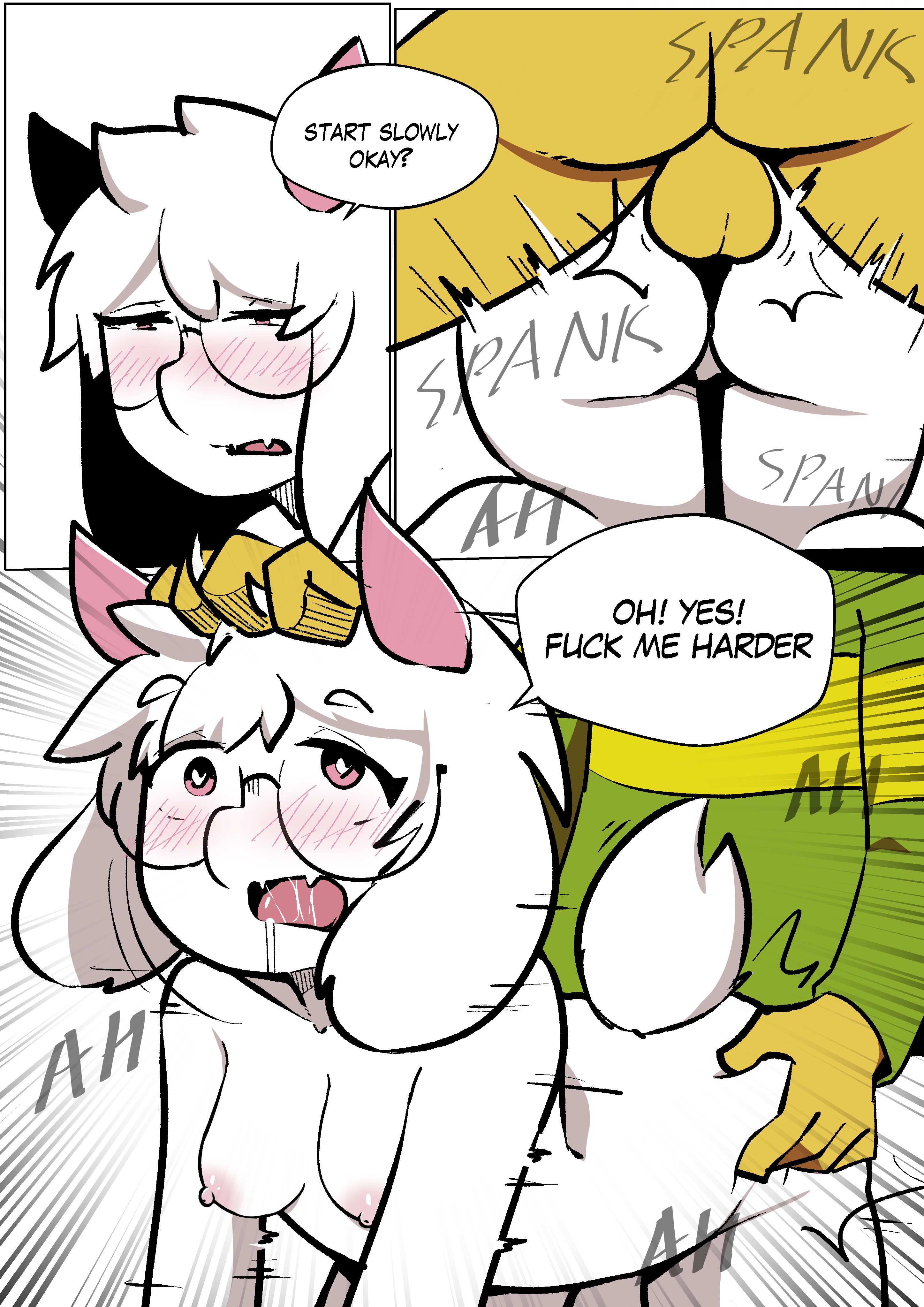 ambiguous penetration, areolae, artist request, balls, big glasses, blush, blush lines, blushing, breasts, cmnf, comic, deltarune, deltarune chapter 2, doggy style, drooling, english text, eyelashes, fangs, female, from below, glasses, horns, kris (deltarune), lashes, male, mouth open, nipples, open mouth, penetration, penis, pink eyes, ralsei, ralsei (female), round glasses, rule 63, sex, short tail, small breasts, sweater, tagme, tail, text, white fur, white hair, yellow body, yellow skin