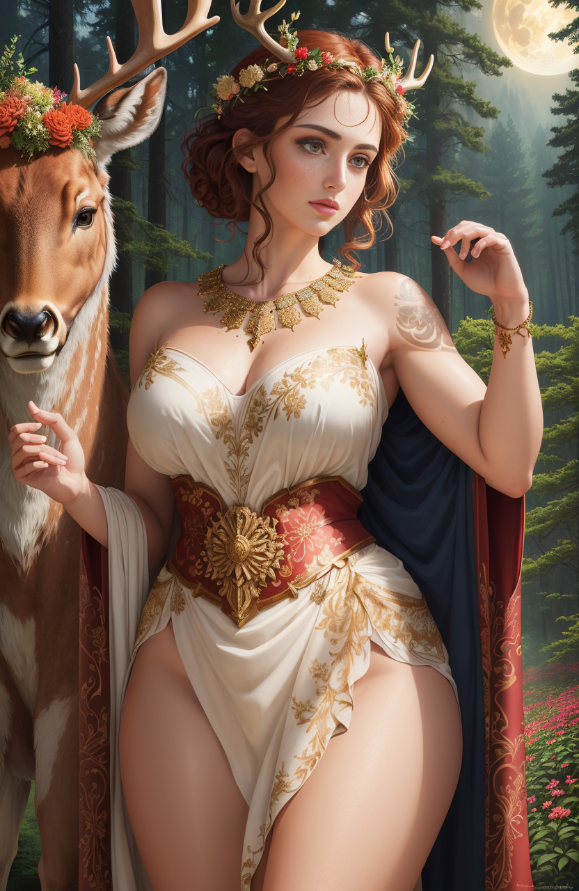 ai_generated antlers artemis artemis_(greek_mythology) ass athletic_female auburn_hair big_ass braided_hair deer female forest full_moon goddess greek_mythology laurel_crown medium_breasts mountain mythology nature outdoors short_hair stable_diffusion tattoo virgin