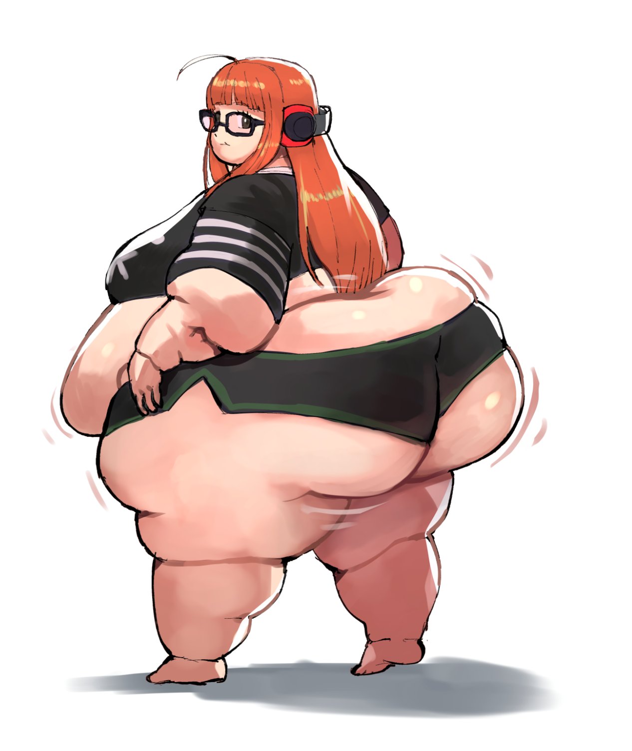 ass atlus belly big_ass big_belly chubby chubby_female clothed exposed_fat_belly fapolantern fat glasses headphones jiggling_ass looking_at_viewer looking_back obese orange_hair overweight persona persona_5 sakura_futaba sega shorts ssbbw thick thick_thighs tight_clothing