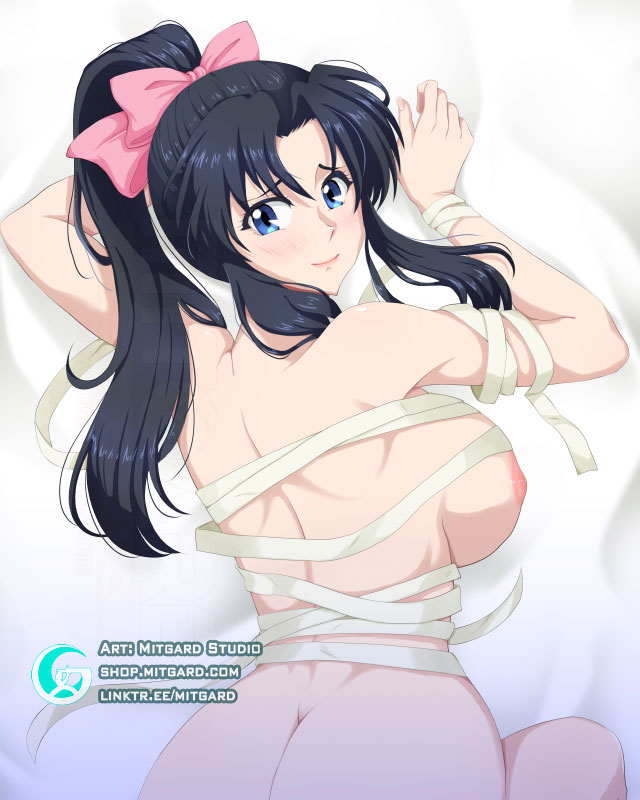 1girls ass bandages big_ass big_breasts black_hair blue_eyes bodypillow breasts curvy dakimakura female hair_ribbon human kaoru_kamiya large_breasts long_hair looking_at_viewer mitgard-knight mitgardstore nipples oppai pale-skinned_female pale_skin ponytail rurouni_kenshin sarashi shounen_jump solo wide_hips