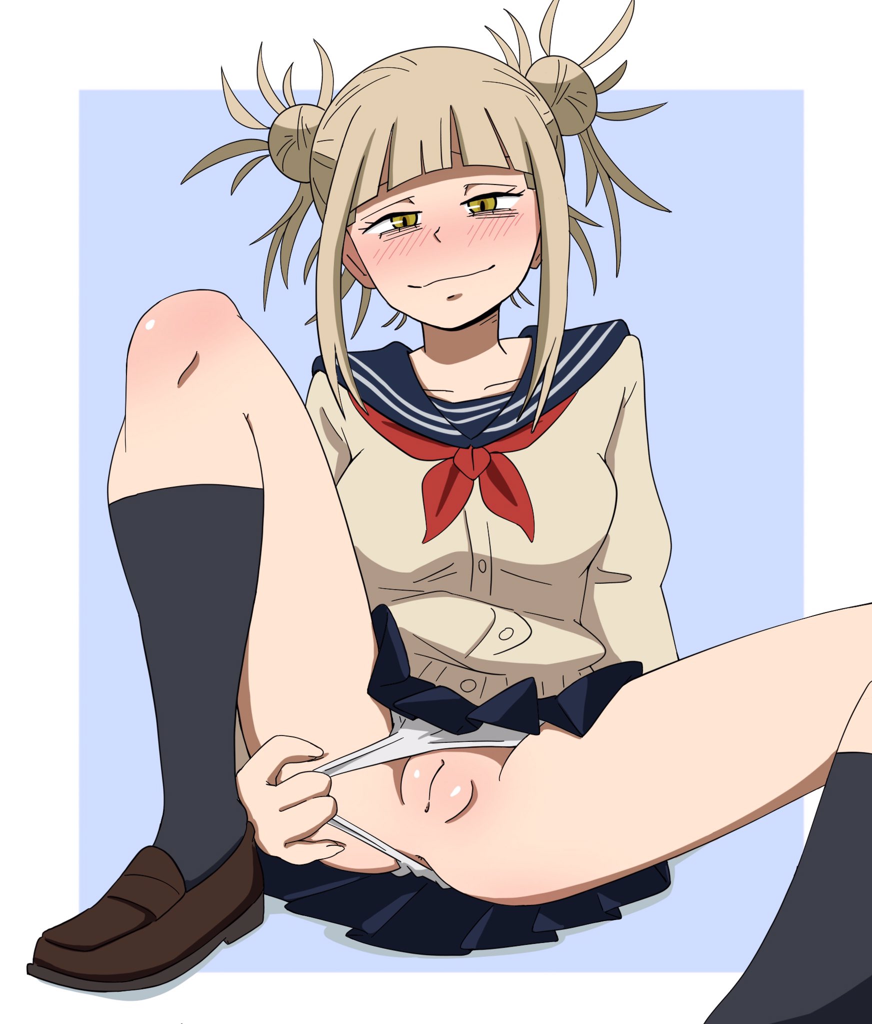 before sex, blonde hair, blush, exposed pussy, female, female focus, female only, footwear, himiko toga, looking at viewer, my hero academia, panties aside, partially clothed, pulling panties, pussy, school uniform, schoolgirl, simple background, socks, thrumbo, toga himiko, vagina, yellow eyes