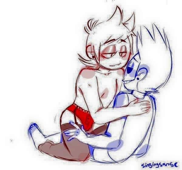 bulge_through_clothing eddsworld femboy_on_male fishnet_stockings on_lap red_panties sinsworld tom_(eddsworld) tord_(eddsworld)