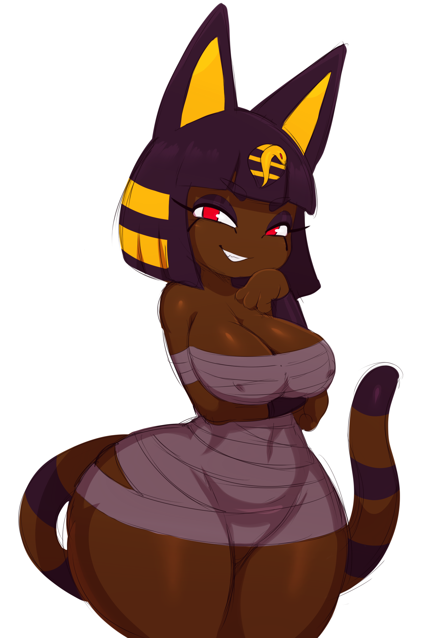 2018, absurd res, animal crossing, ankha, ankha (animal crossing), anthro, ass, bangs, bedroom eyes, big ass, big breasts, big butt, breasts, cleavage, clothed, clothing, curvy figure, dark body, dark skin, digital media (artwork), domestic cat, egyptian, eyeshadow, featureless crotch, felid, feline, felis, female, grin, hair, half-closed eyes, hi res, huge hips, looking at viewer, makeup, mammal, narrowed eyes, nintendo, nipple outline, noseless, red eyes, seductive, short hair, short stack, simple background, smile, solo, sssonic2, teeth, thick thighs, uraeus, voluptuous, white background, wide hips, wraps