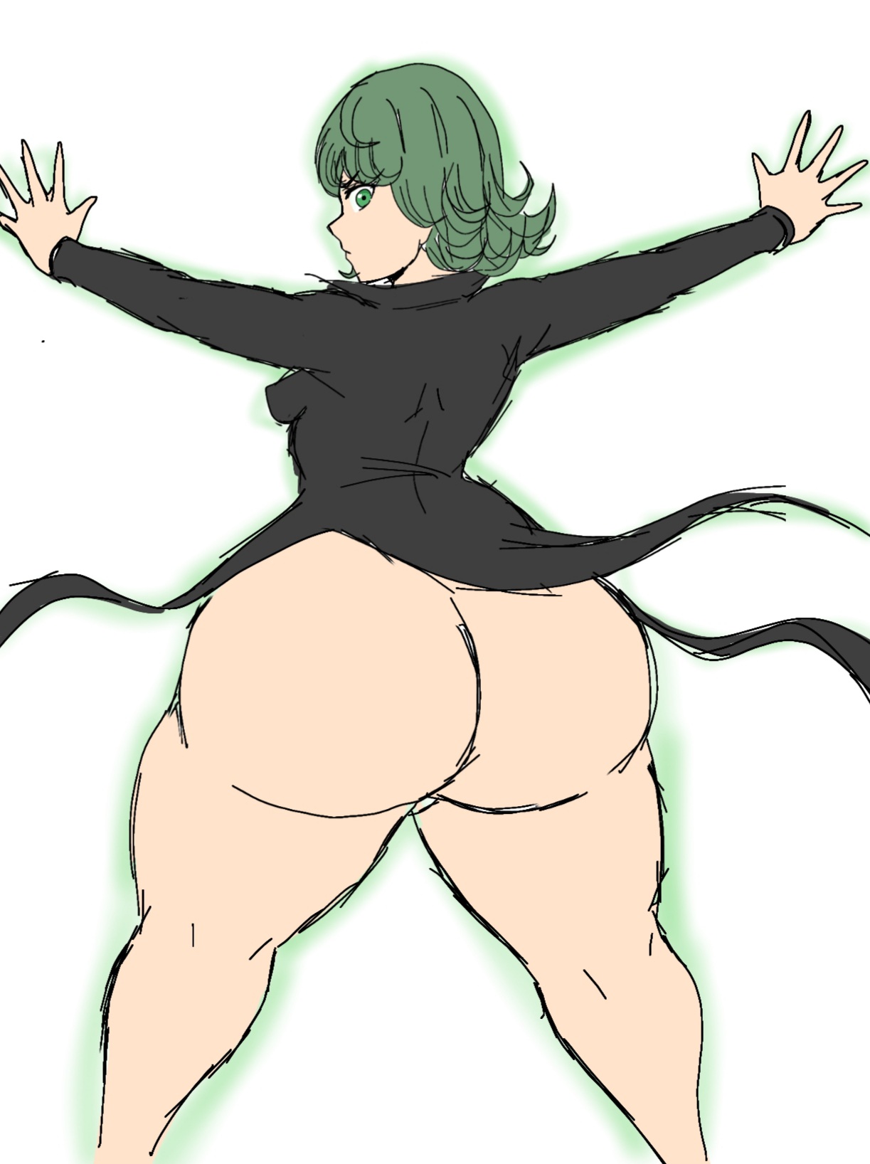 1girls, 2023, ass, big ass, bottom heavy, breasts, female, green eyes, green hair, huge ass, looking back at viewer, momiji (artist), one-punch man, short green hair, short hair, side eye, sideboob, small breasts, solo, tatsumaki, thick thighs, white background