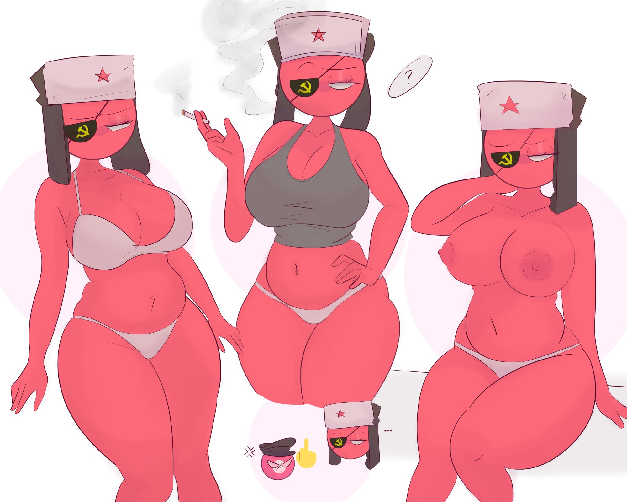 1girls, big breasts, breasts, clothing, countryhumans, countryhumans girl, female, female only, kek doktor, national personification, nazi germany (countryhumans), red body, red nipples, red skin, simple background, soviet union (countryhumans), underwear, white background