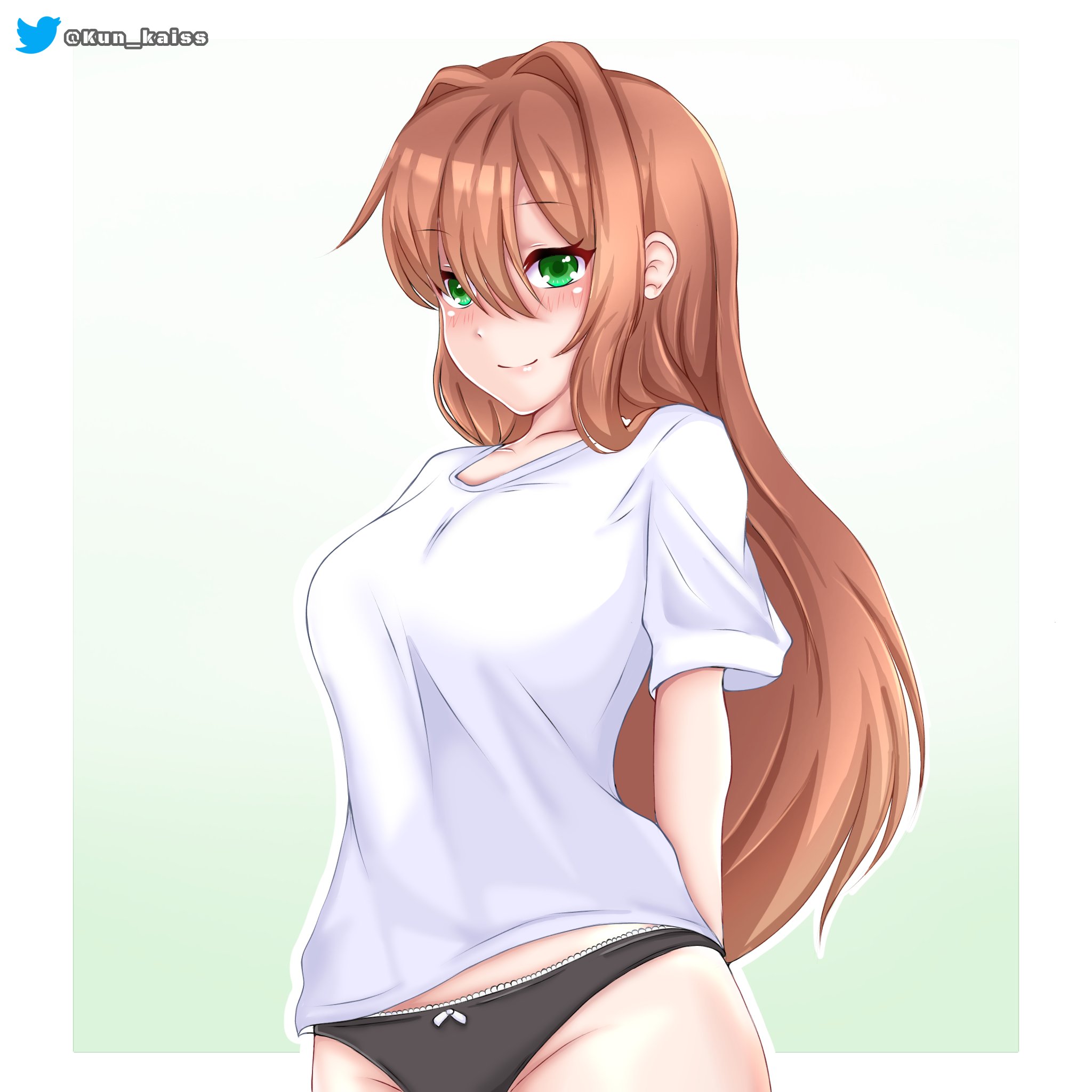 1girls, artist name, black panties, blush, bow, bow panties, breasts, collarbone, doki doki literature club, female, female focus, female human, female only, green eyes, hair intakes, human, kun kaiss, long hair, monika (doki doki literature club), panties, shirt, solo, solo female, solo focus, twitter username, white shirt