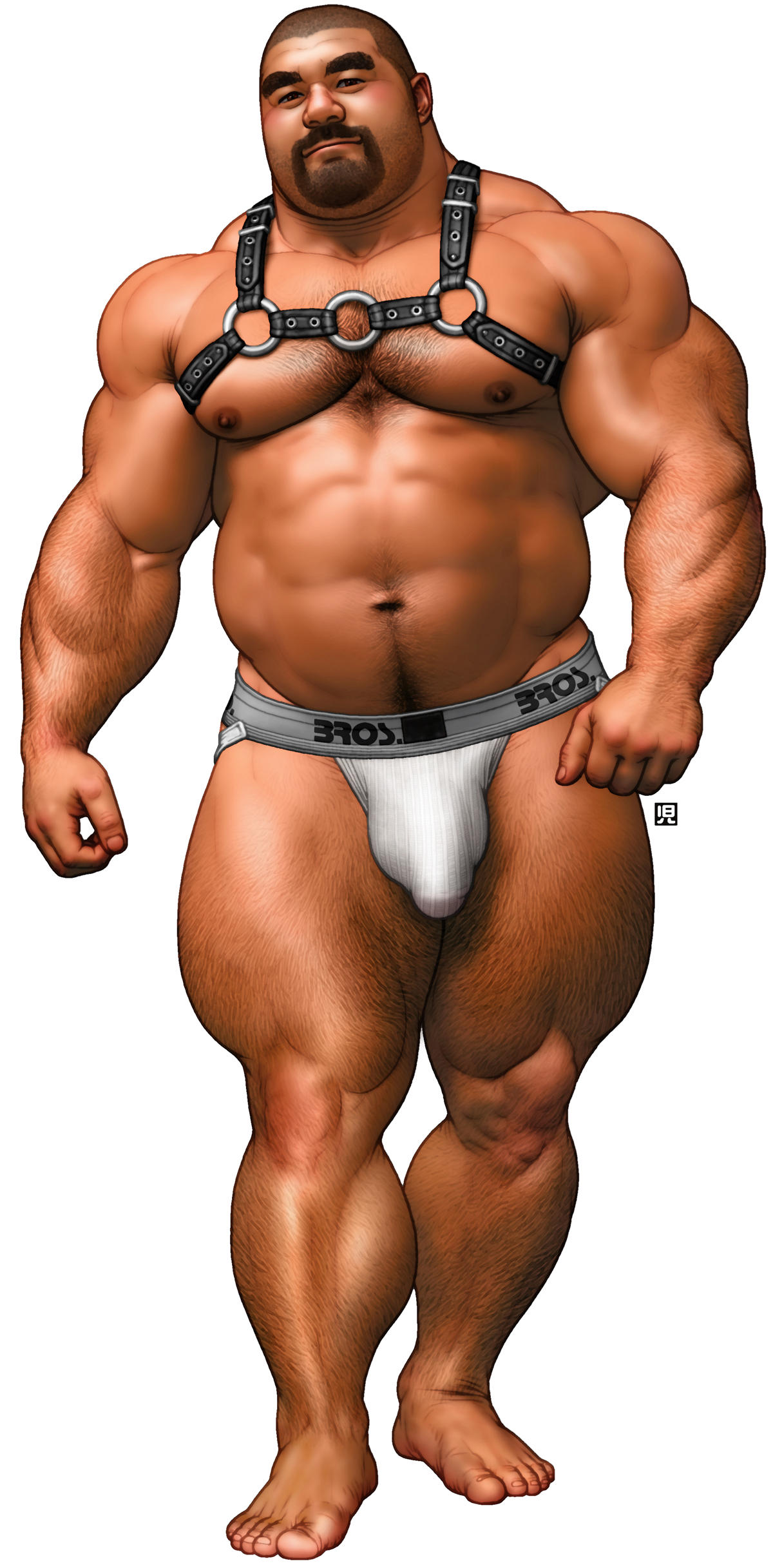 2022 abs artist_logo beard belly_button biceps black_hair brand_name bulge chest_hair deltoids english_text flexor_carpi hairy_arms hairy_chest hairy_legs happy_trail harness hi_res japanese_text jiraiya_(artist) jockstrap jockstrap_only kanji male male_only musclegut muscular muscular_male muscular_thighs navel nipples pantless pecs shaved_head shirtless stnading thick_thighs underwear underwear_only walking