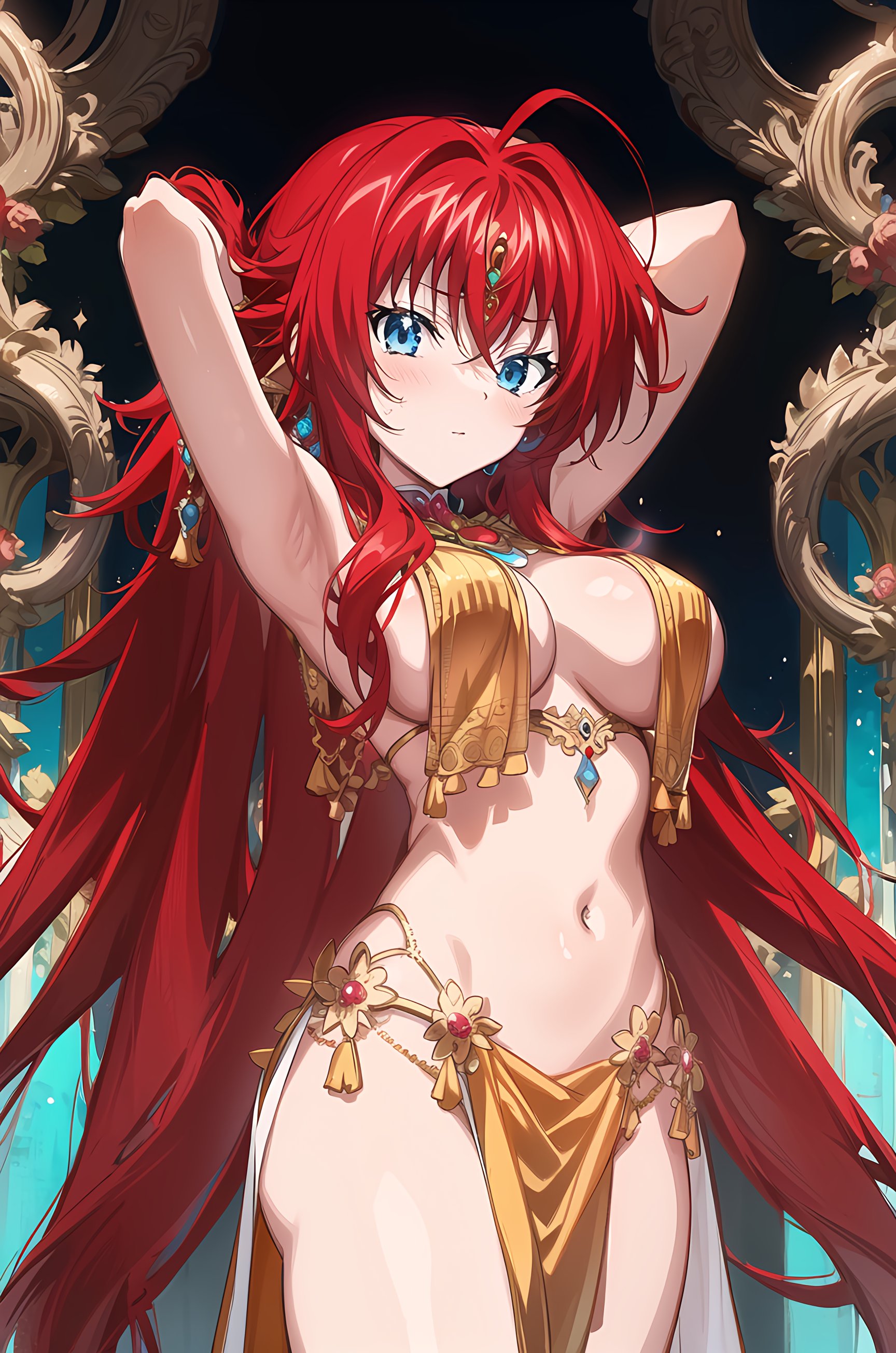 1girls, 2:3 ratio, ai generated, armpits, arms behind head, belly dancer, big breasts, breasts, busty, female, female only, hands behind head, high school dxd, large breasts, legs, loincloth, long hair, navel, pelvic curtain, pose, posing, red hair, rias gremory, sensual, sexy armpits, solo, teenage girl, thighs, voluptuous, voluptuous female